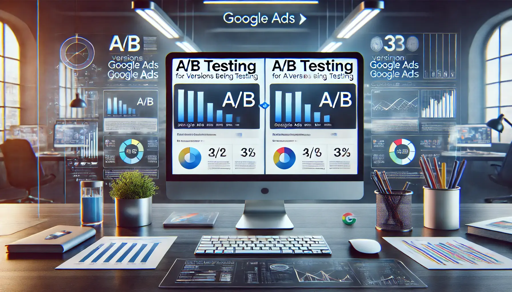 A digital marketing workspace with a computer screen showing two versions of an ad side by side for A/B testing, along with graphs and performance charts to compare effectiveness.