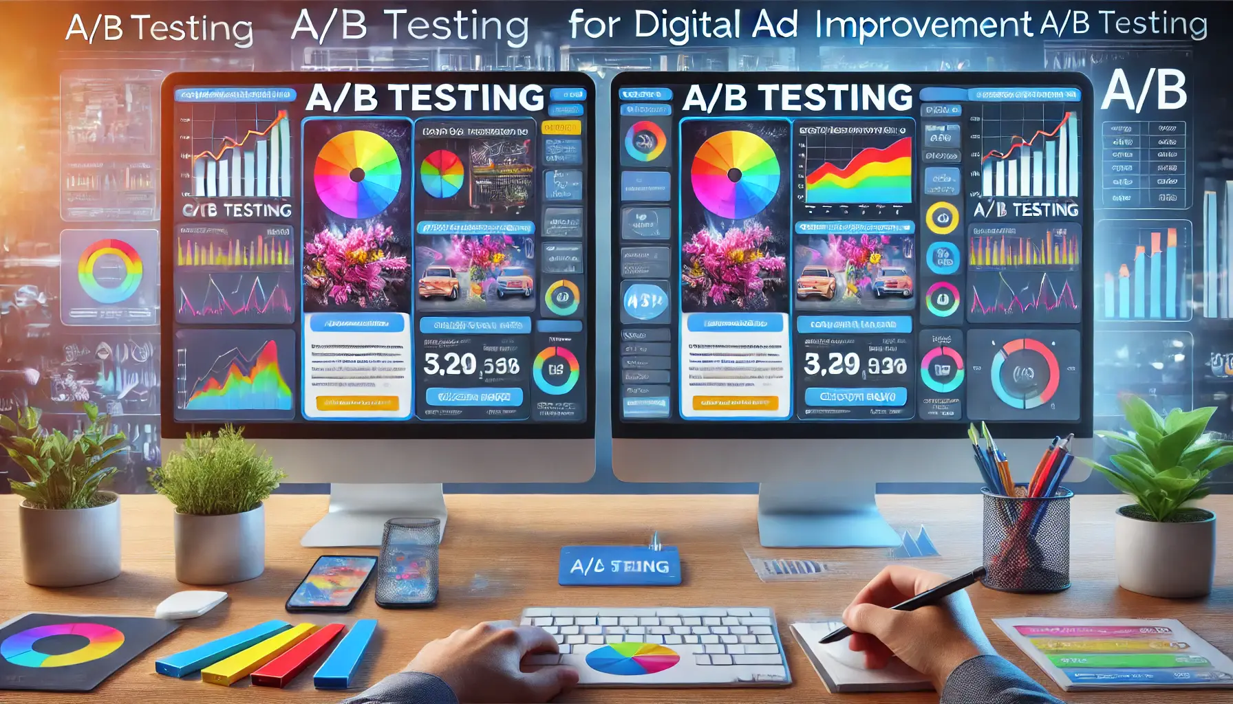 A digital marketing interface showing two side-by-side ad variations being A/B tested, with performance analytics like click-through and conversion rates displayed on a marketing dashboard.