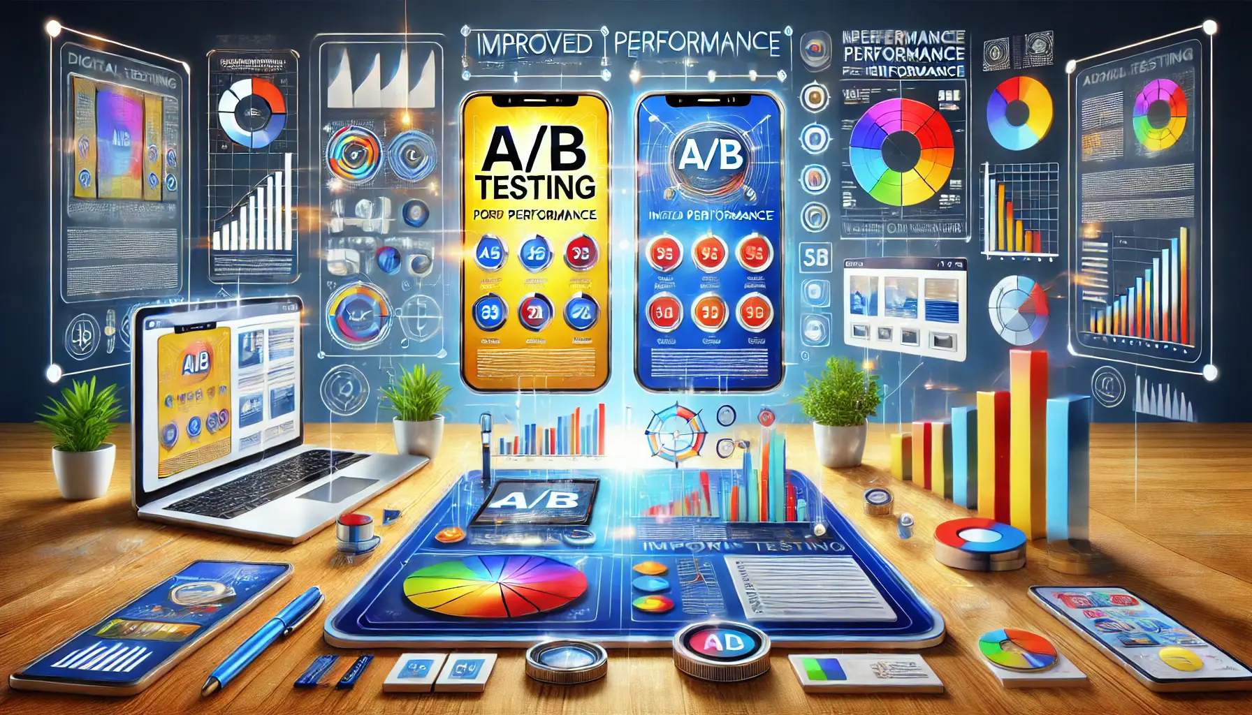 A visually engaging image depicting A/B testing in digital advertising, featuring two versions of an ad and performance comparison.