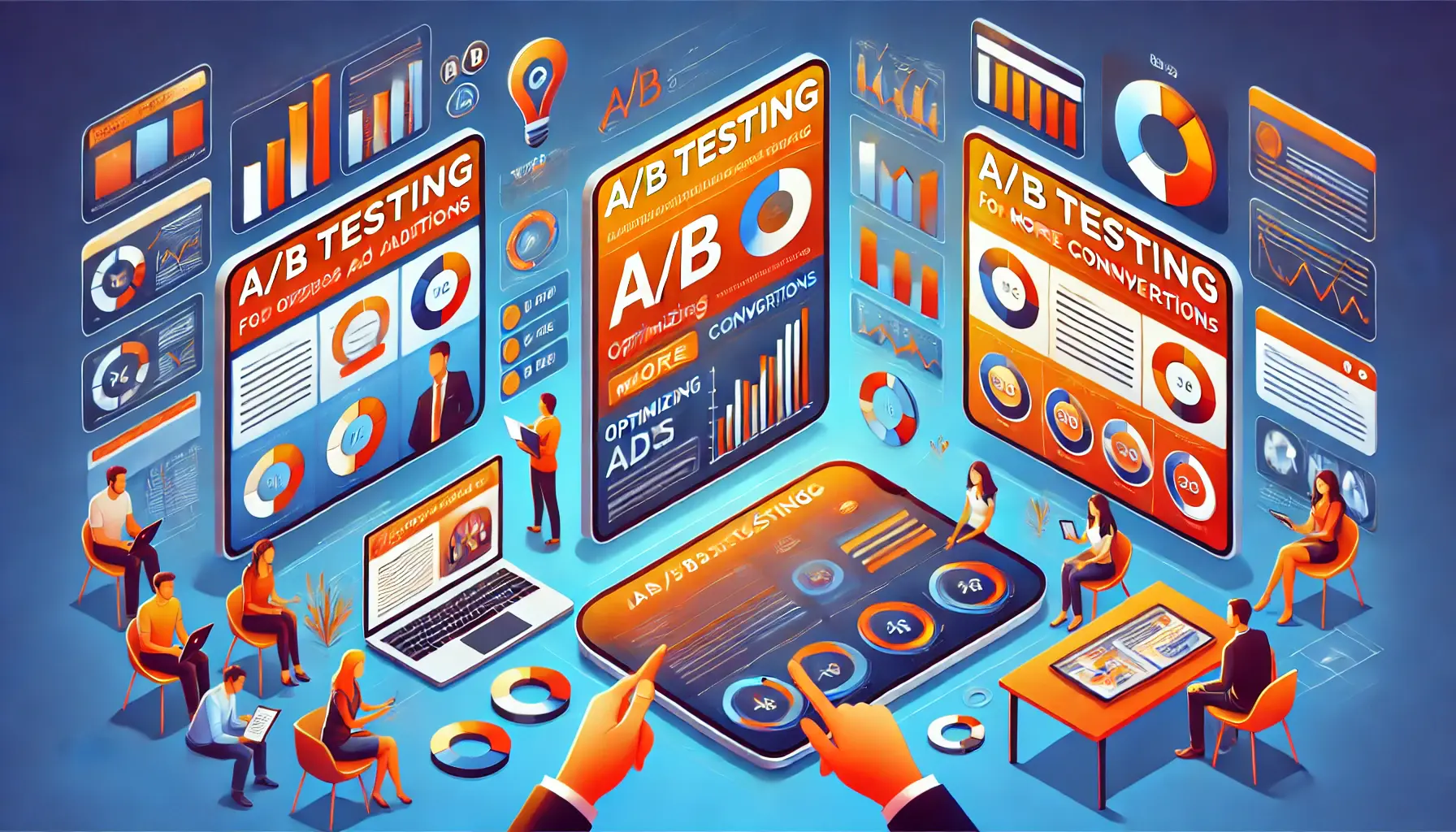 A visual representation of A/B testing in digital advertising, showcasing different ad versions and analytics.