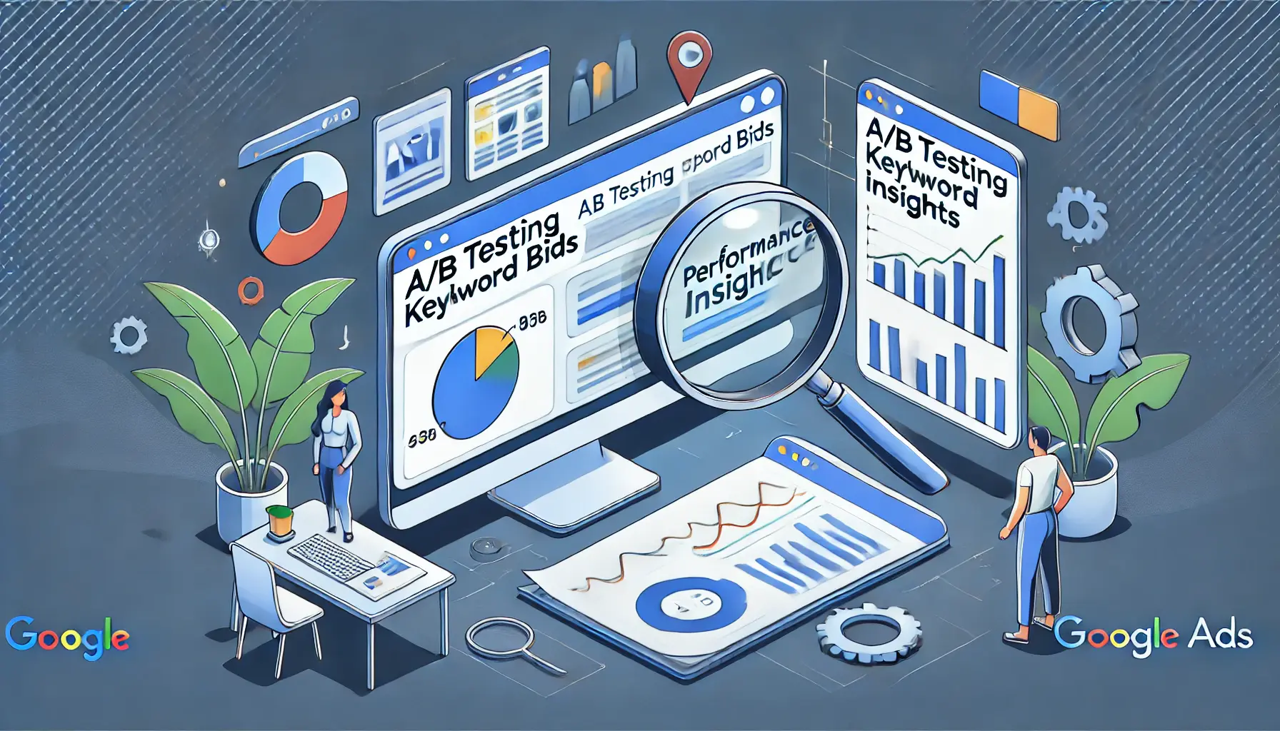 Visual representation of A/B testing for keyword bids, featuring split screens with performance data, graphs, and a magnifying glass symbolizing analysis.