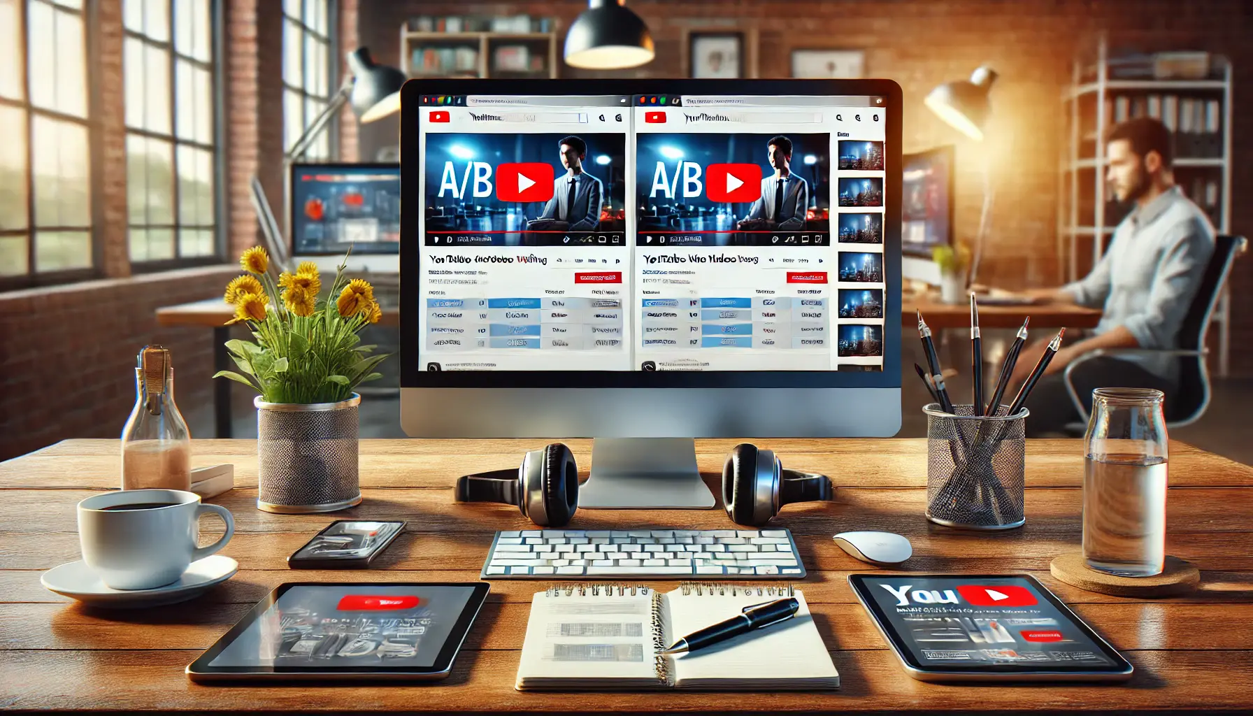 Marketer performing A/B testing for YouTube video ads, comparing two video variants on the screen.