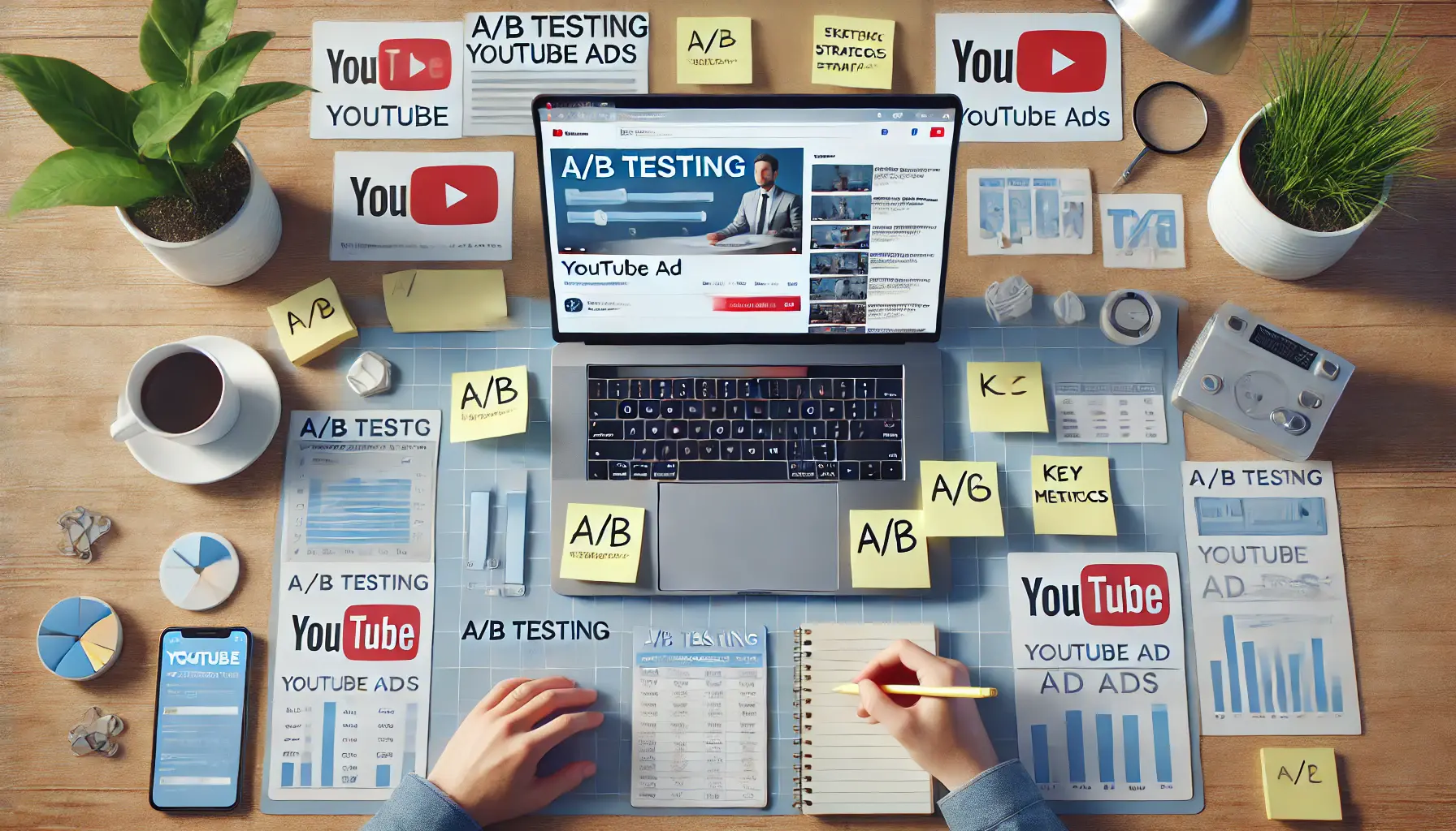 A workspace with a laptop displaying A/B test results for YouTube ads, surrounded by testing strategies and key metrics.