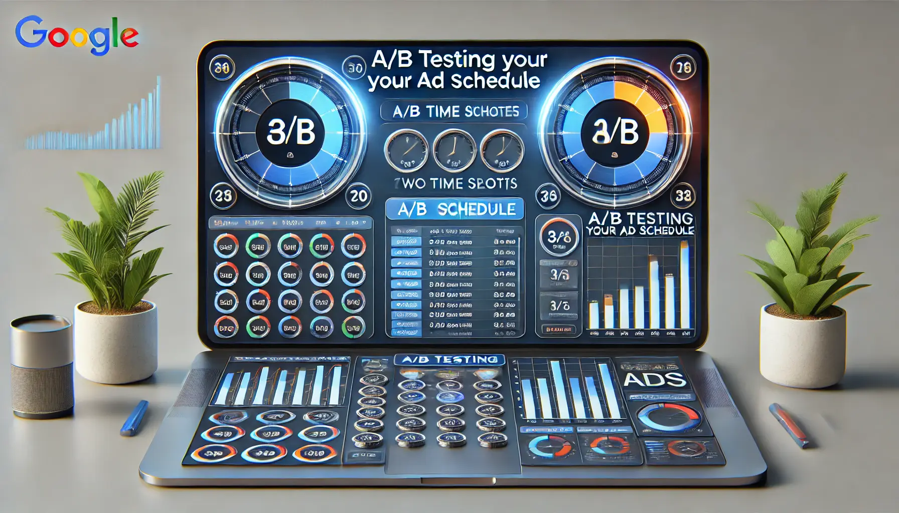 A digital marketing dashboard comparing two different time slots with performance charts and ad results, reflecting A/B testing for ad scheduling optimization.