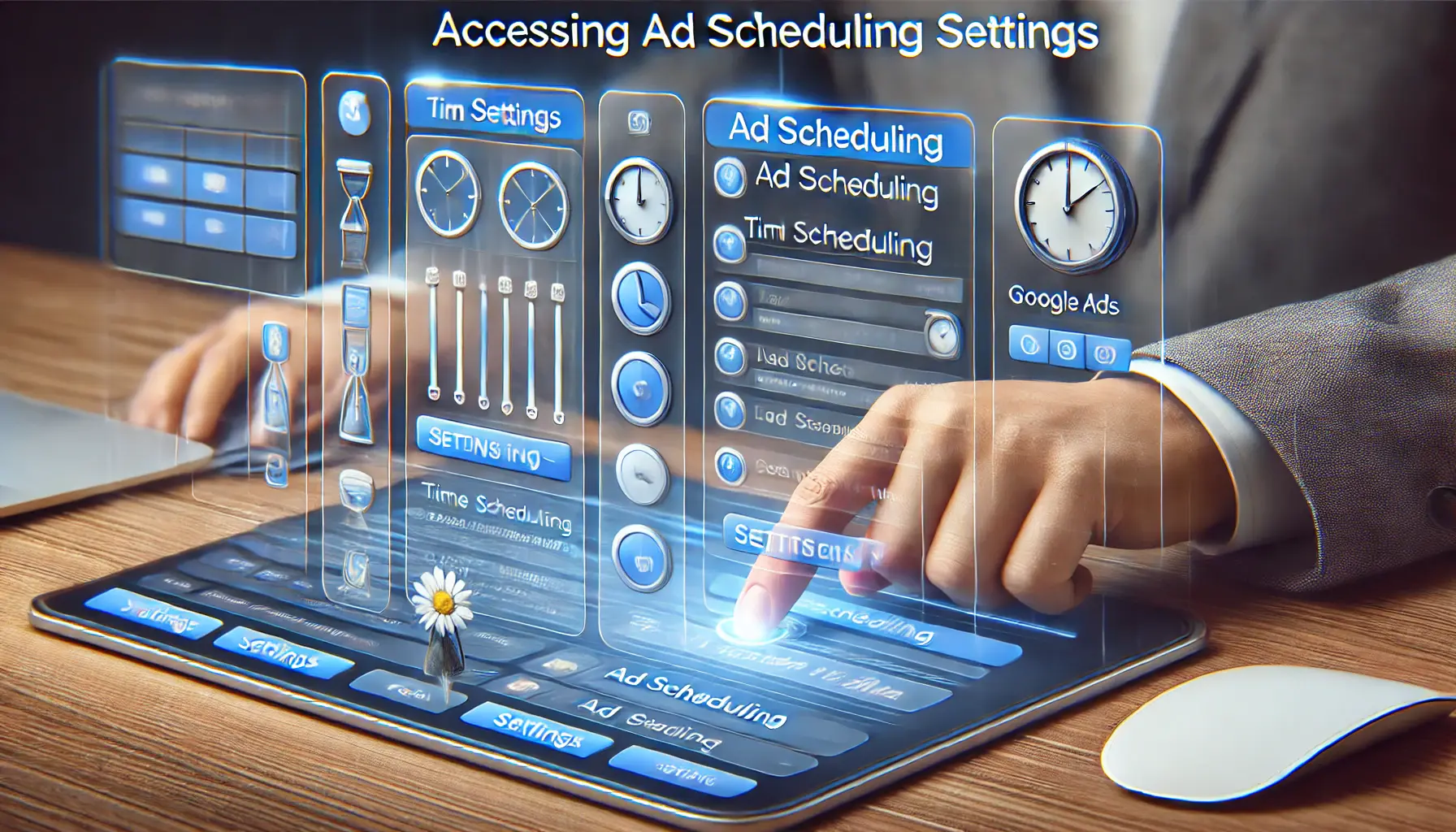 A digital marketing interface showing dropdown menus and time scheduling options, representing the process of accessing ad scheduling settings in Google Ads.