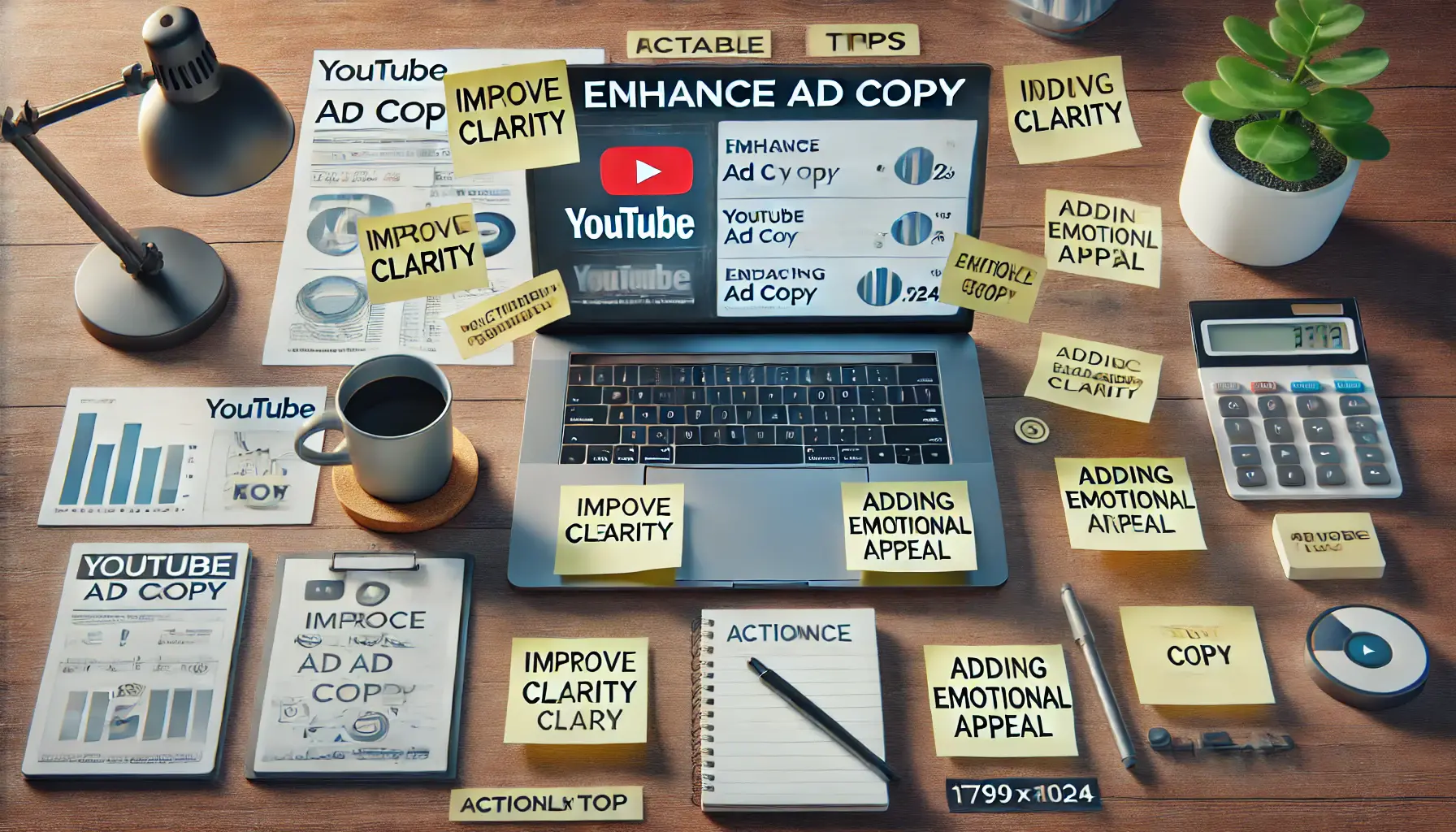 A workspace with a laptop displaying YouTube ad creation tools, surrounded by sticky notes with actionable tips and strategies.