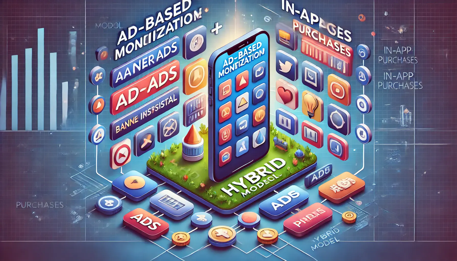 Digital illustration of a mobile device displaying both ad-based elements and in-app purchase options.