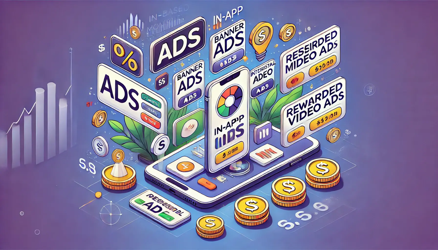 Digital illustration showing a mobile device with various in-app ads, representing ad-based monetization in mobile apps.