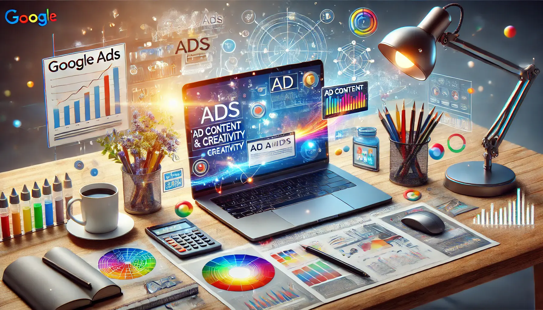 A workspace setup representing ad content and creativity in Google Ads, with creative tools like a laptop displaying digital ads, color swatches, and design elements in a modern digital marketing environment.