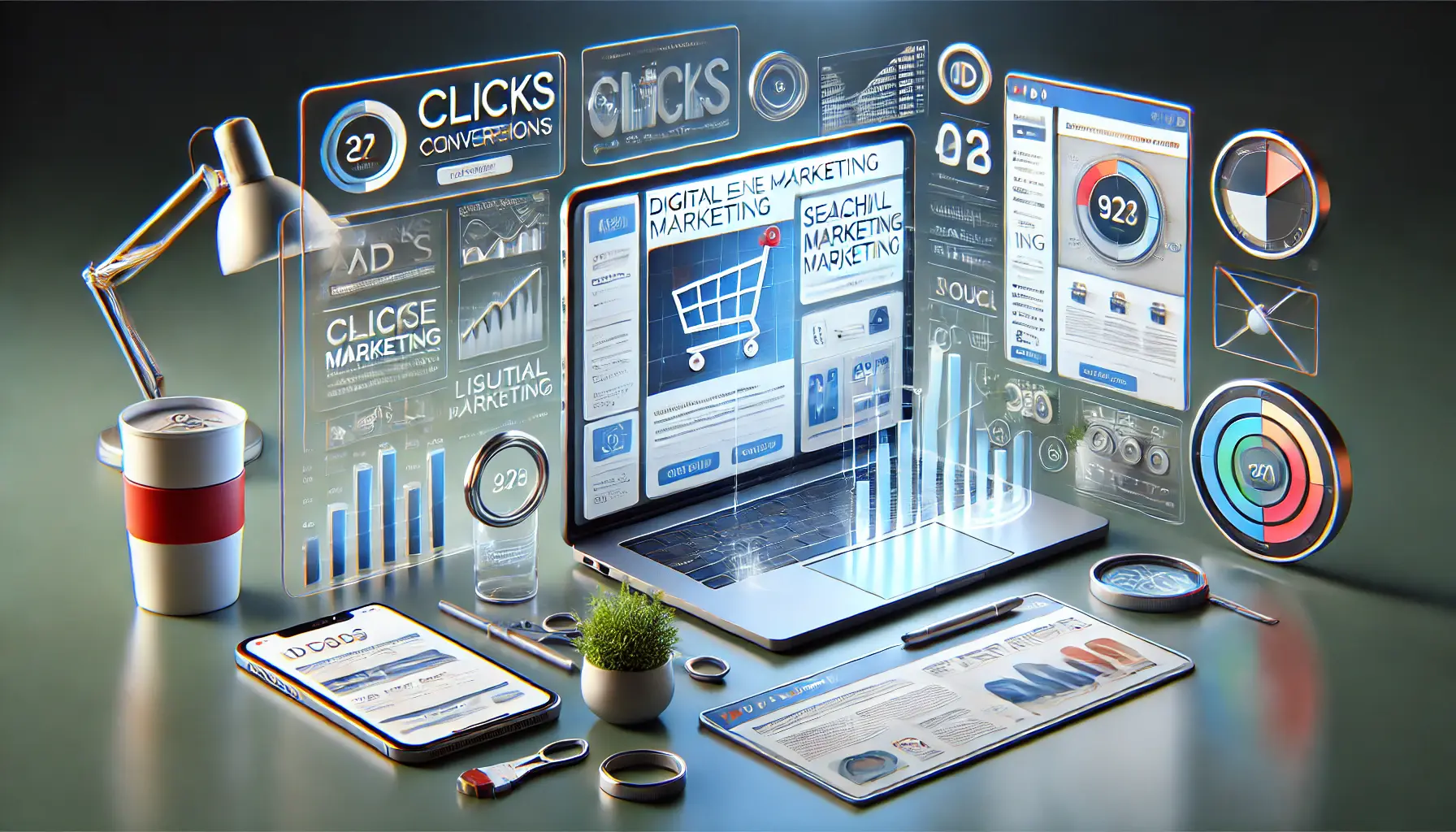 Digital marketing dashboard showing ad performance metrics with seamless transition to landing page design