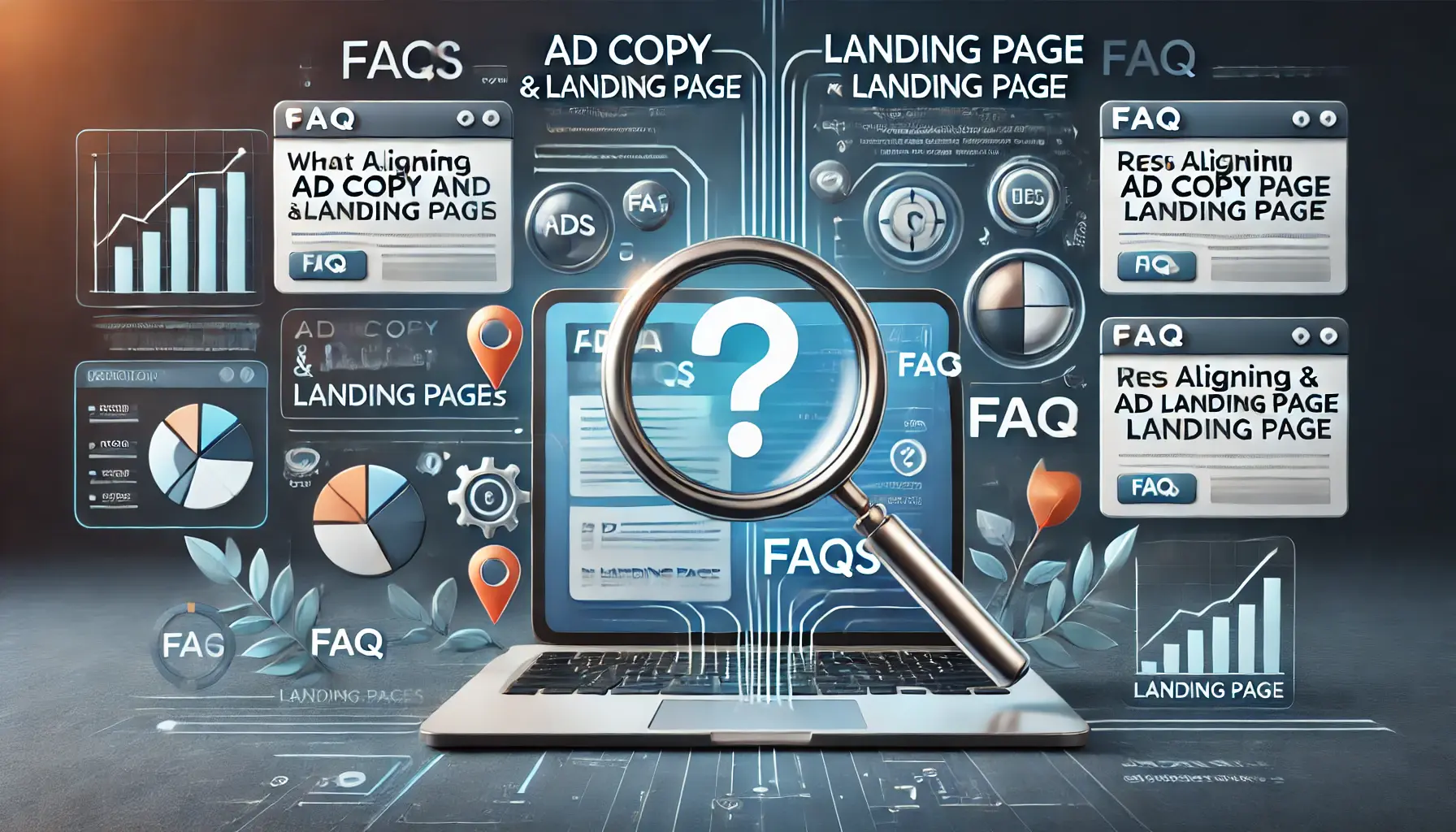 Digital marketing scene showing a marketing dashboard with elements like ads, landing pages, and performance metrics being analyzed