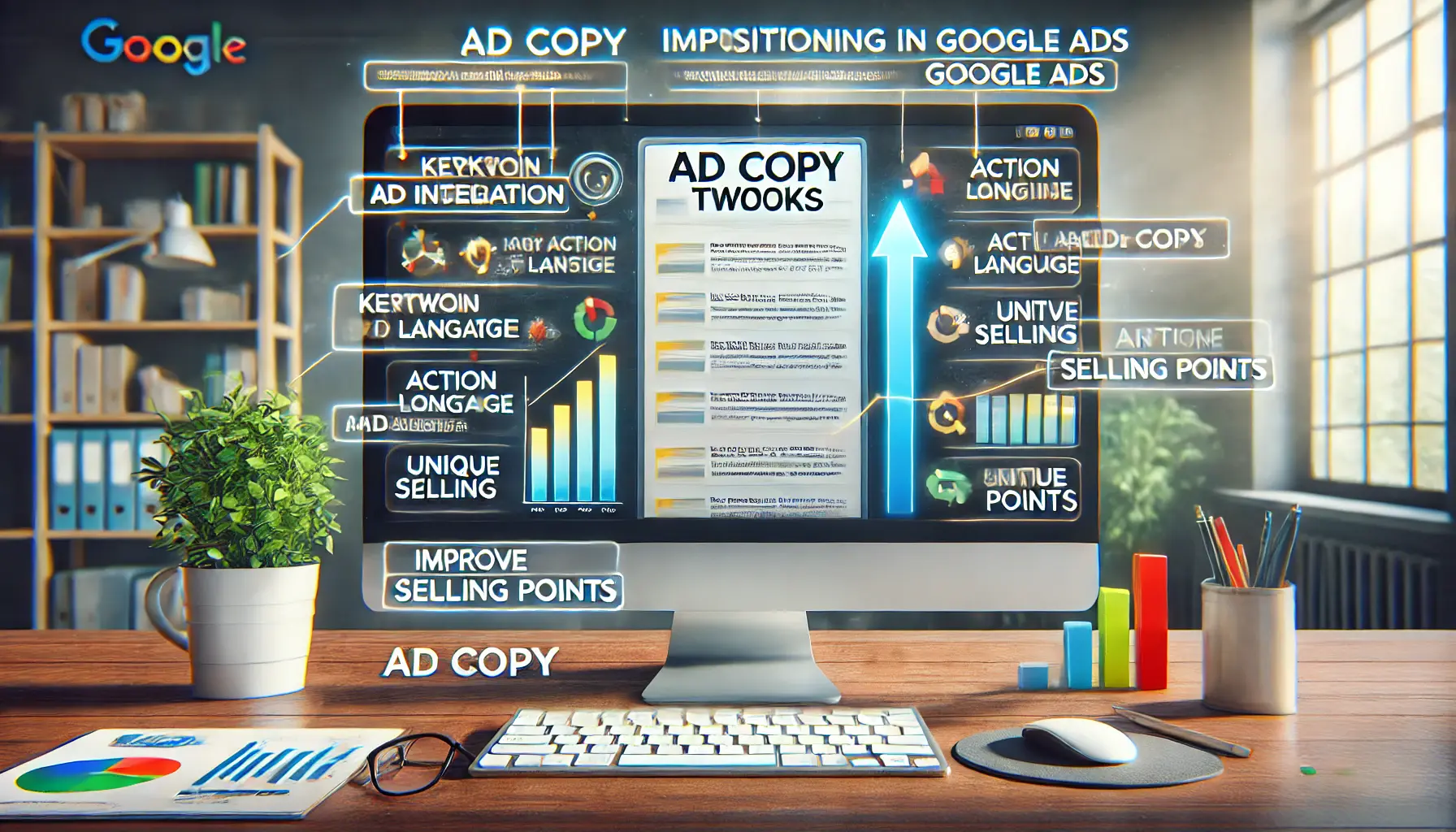 A realistic illustration depicting ad copy tweaks that improve positioning in Google Ads, featuring a computer screen showing edited ad copies.