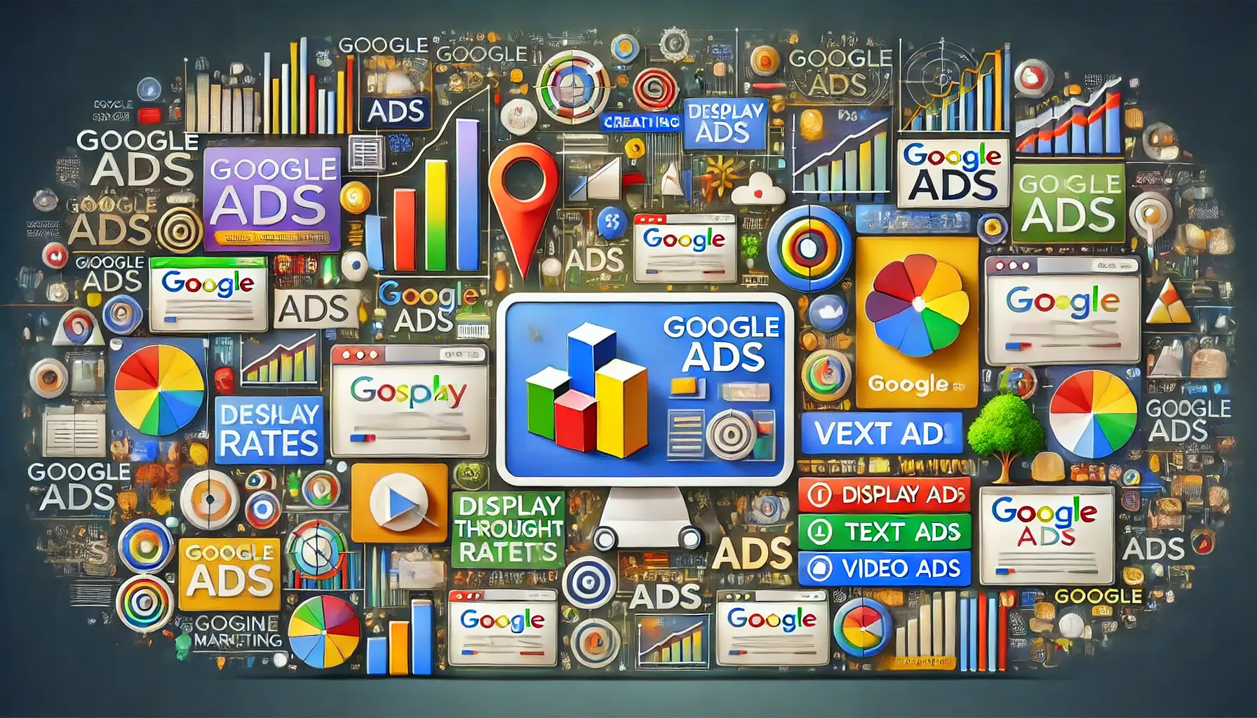 A visually engaging digital marketing concept showcasing various Google Ads creative elements.