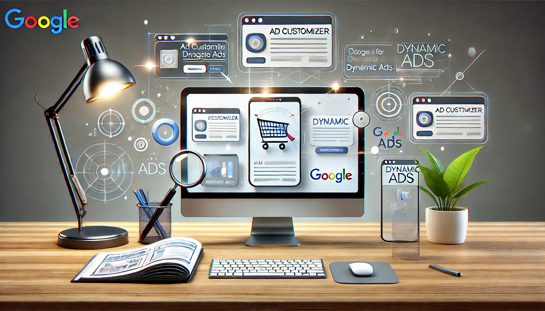 A conceptual digital marketing scene showing a computer screen with dynamic ad elements around it, symbolizing personalized advertising in Google Ads.