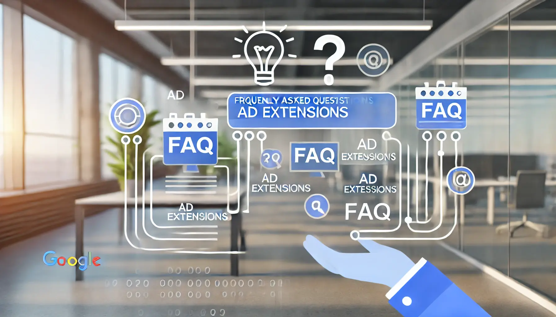 An illustration representing frequently asked questions about ad extensions in Google Ads.