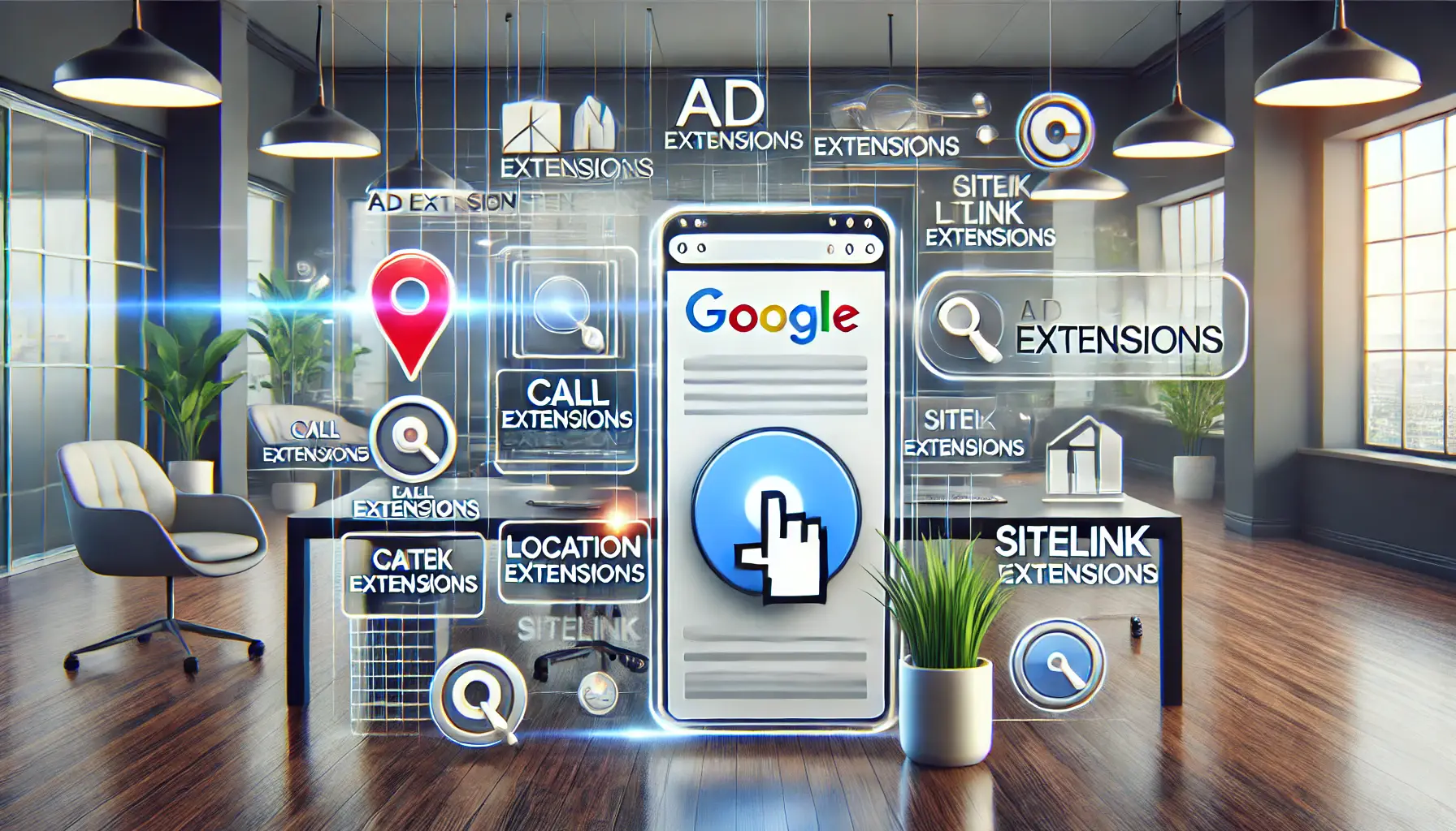 A digital illustration showcasing various ad extensions in Google Ads.