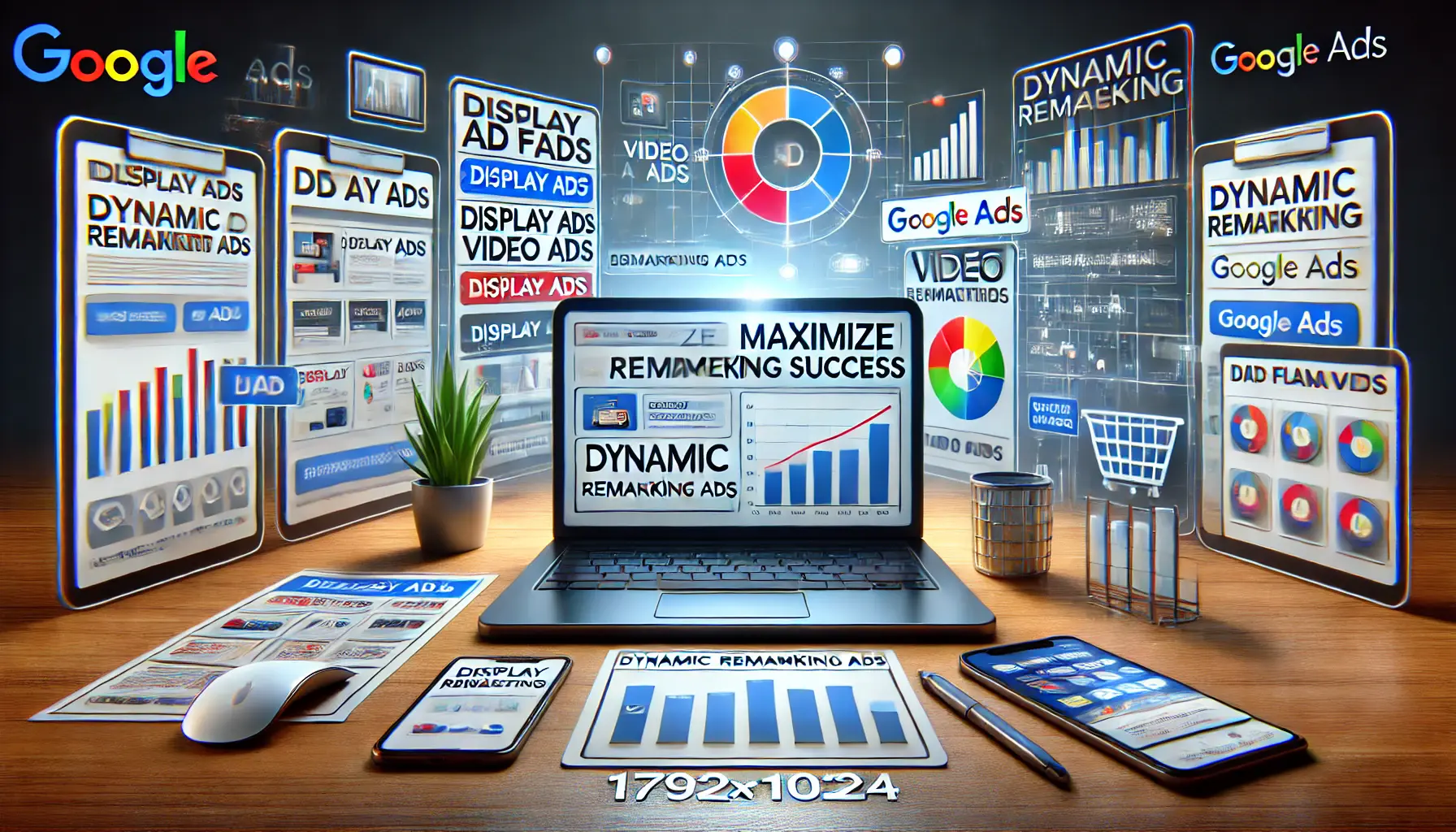 Digital marketing scene with a laptop displaying various ad formats like display ads, video ads, and dynamic remarketing ads, surrounded by visuals of ads on different devices.