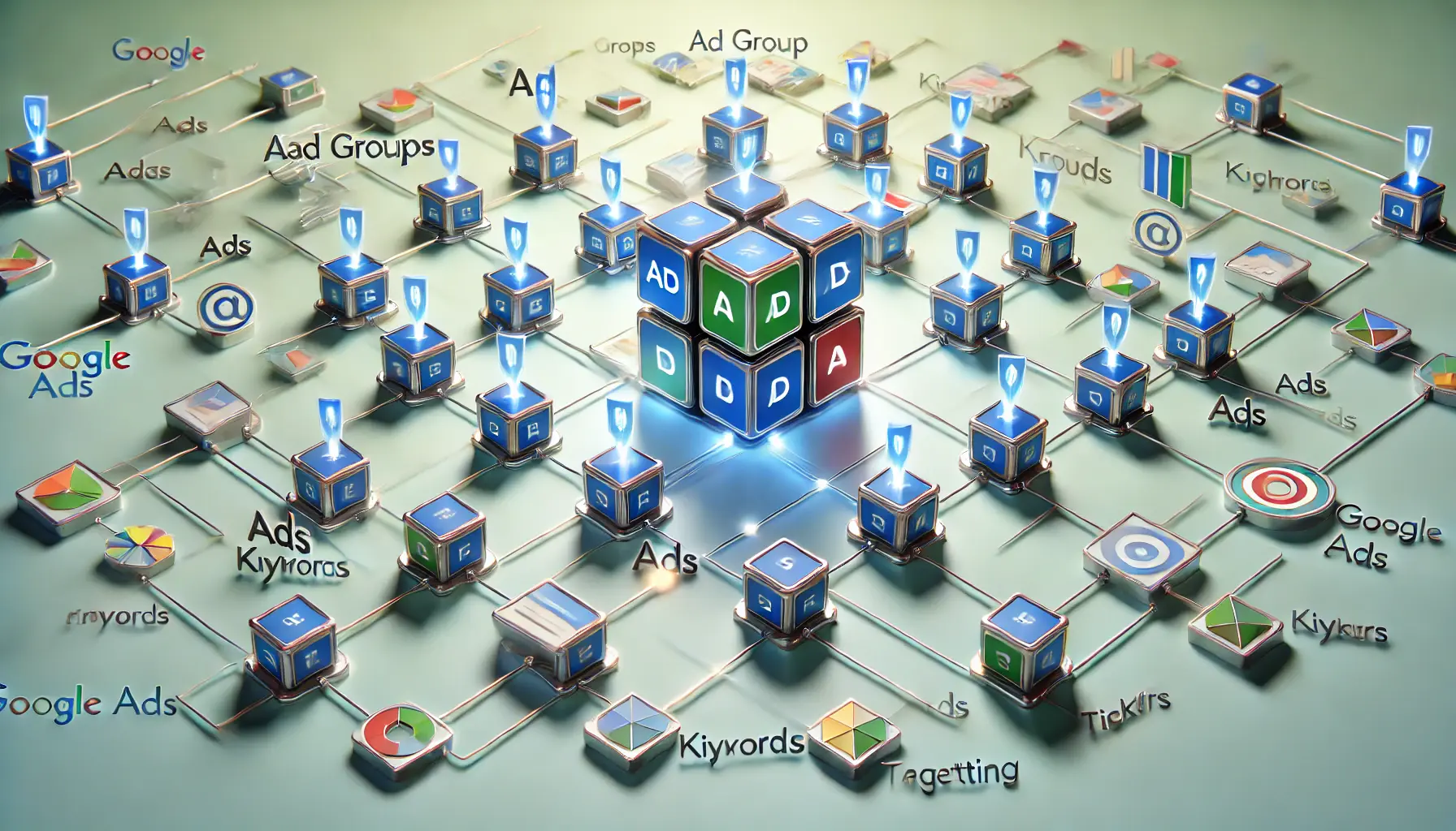 A visual representation of ad groups as interconnected blocks symbolizing the building blocks of a Google Ads campaign.