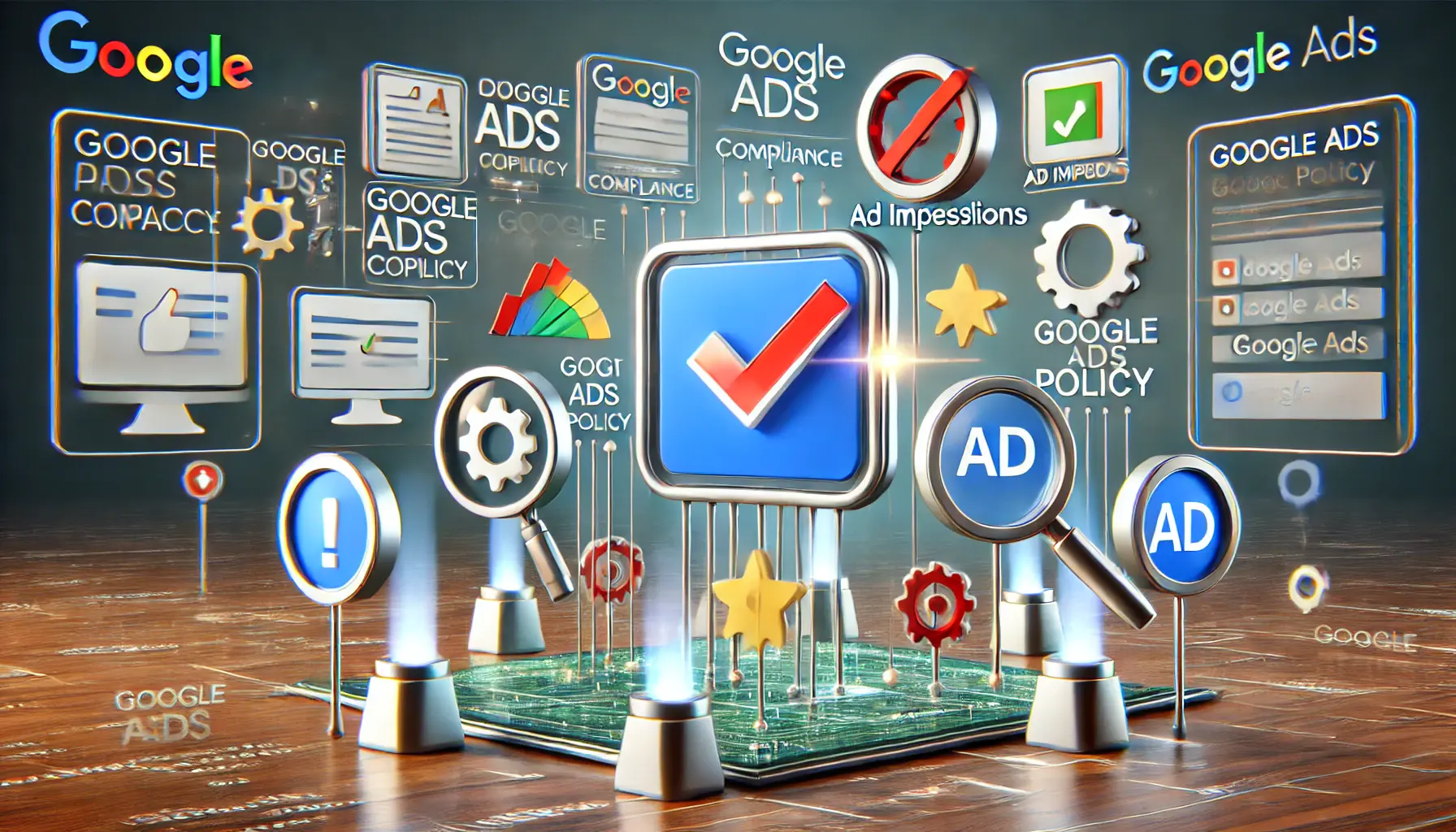 Visualization representing Google Ads compliance with icons such as a checkmark, magnifying glass, and shield linked to ad impressions.