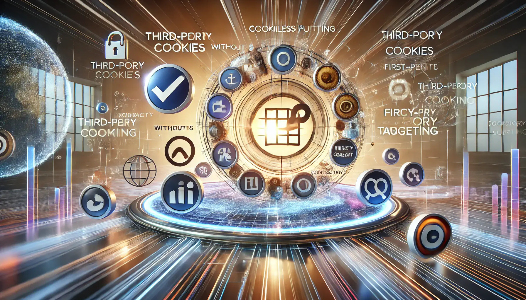 Visualization of ad impressions in a cookieless future, with elements like web browsers without cookies, first-party data, and contextual targeting.