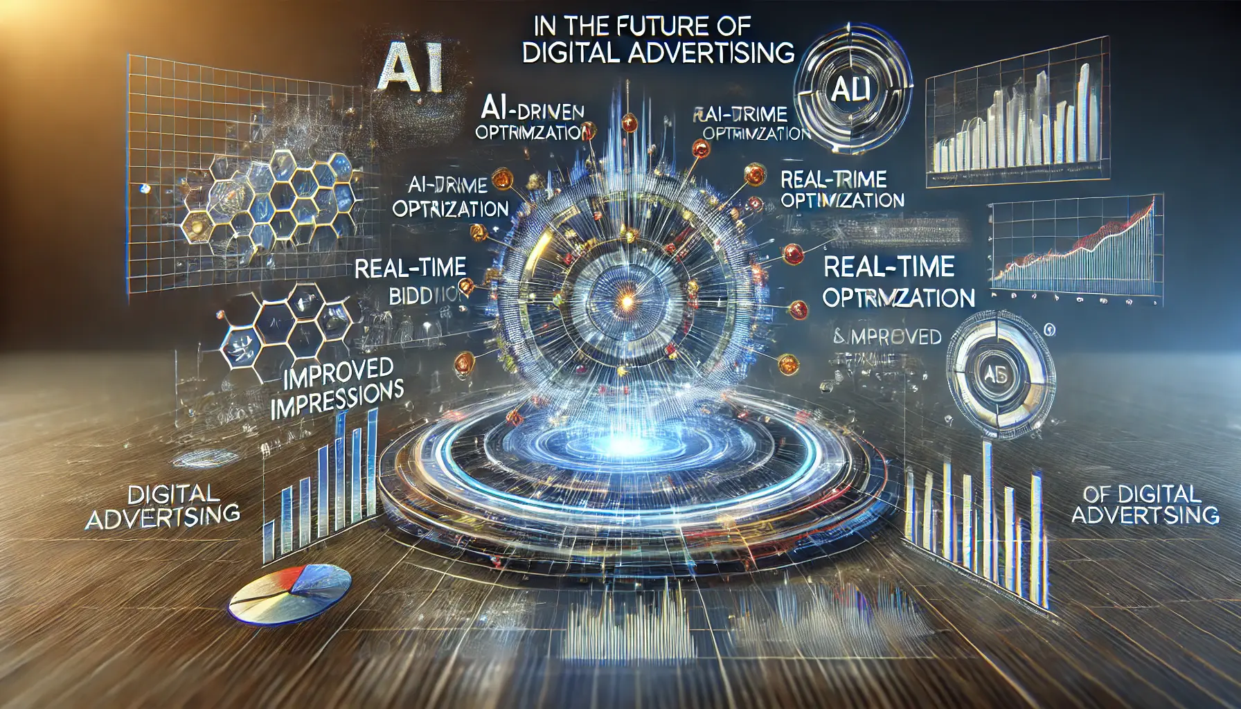 Visualization of the future of ad impressions with AI-driven optimization, real-time bidding, and advanced targeting techniques.