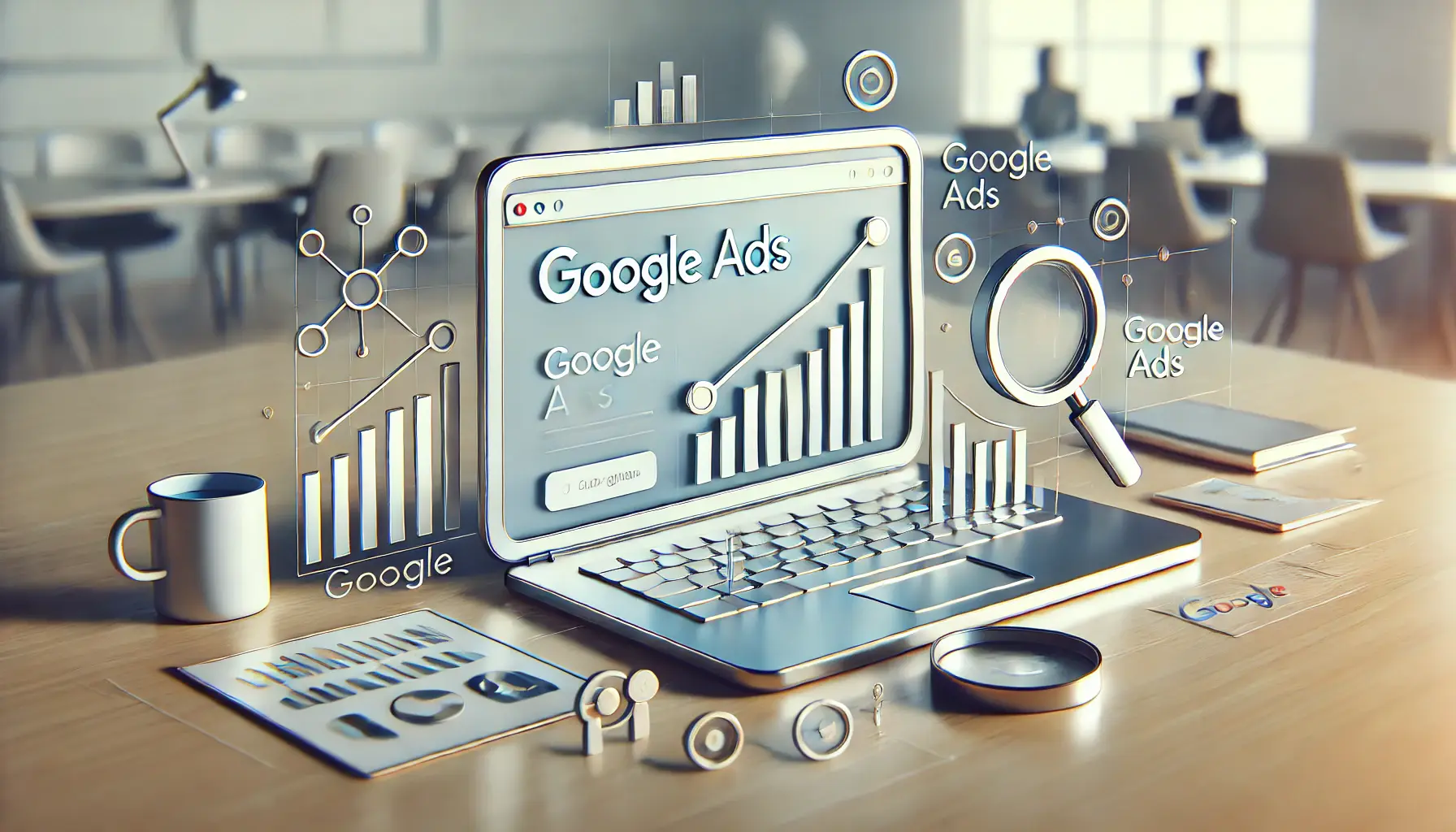 Digital marketing strategy focusing on Google Ads with a sleek dashboard and upward trend symbols in a professional setting.