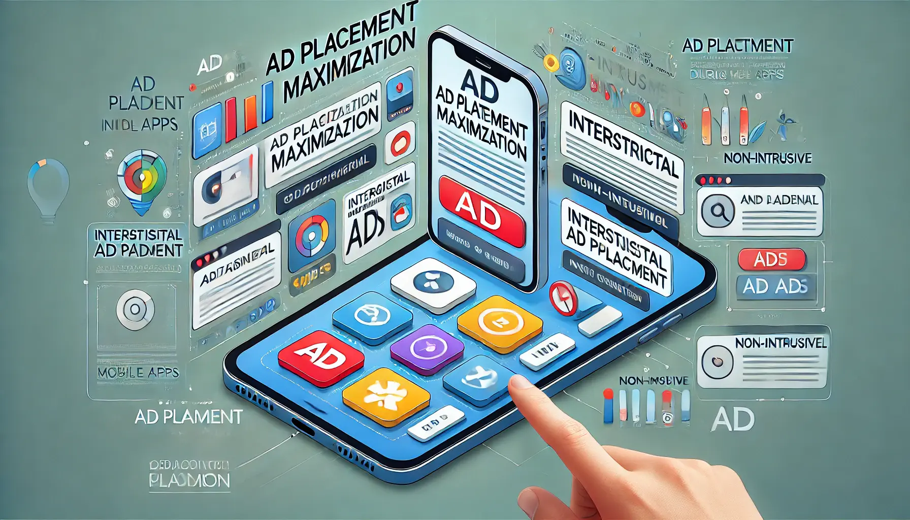 Digital illustration showing a mobile device interface with strategically placed ads in various locations.