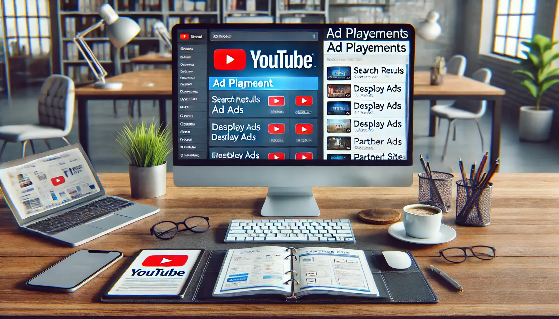 Marketer's workspace showing YouTube ad placement options on screen, with various professional tools around.