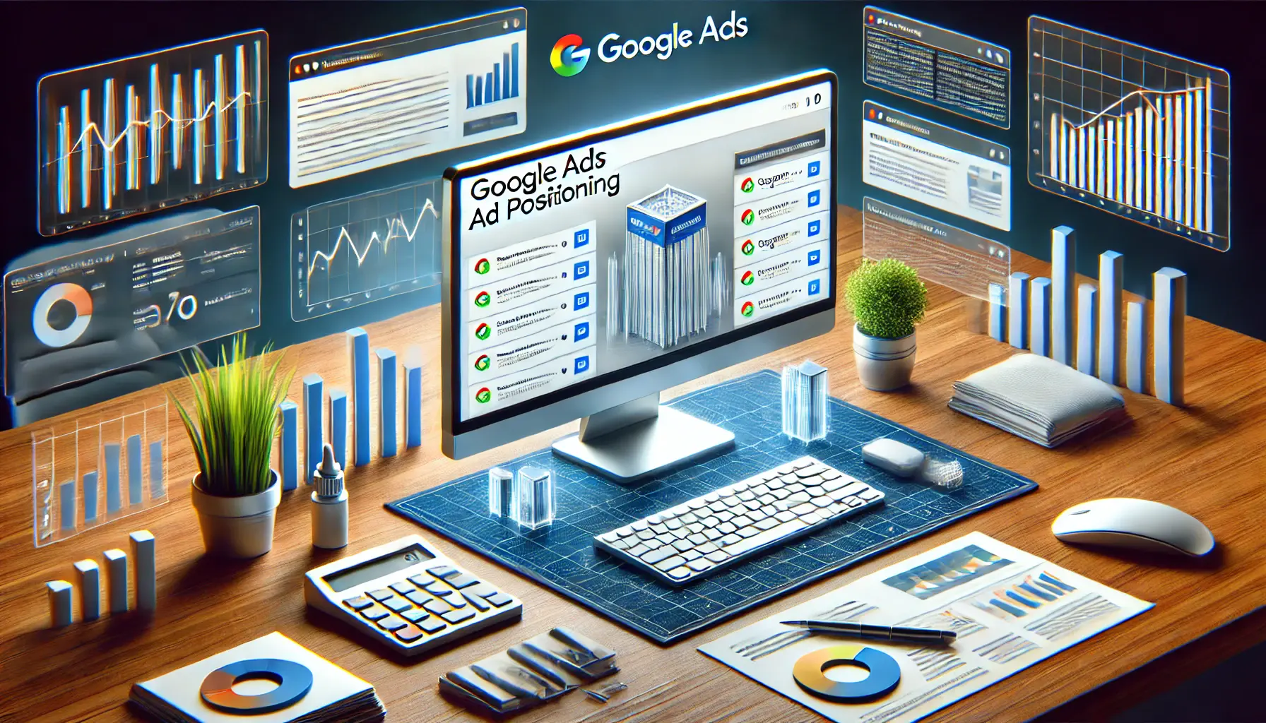 A realistic depiction of Google Ads ad positioning tactics, featuring a computer screen displaying a search engine results page (SERP) with multiple ads at varying positions.