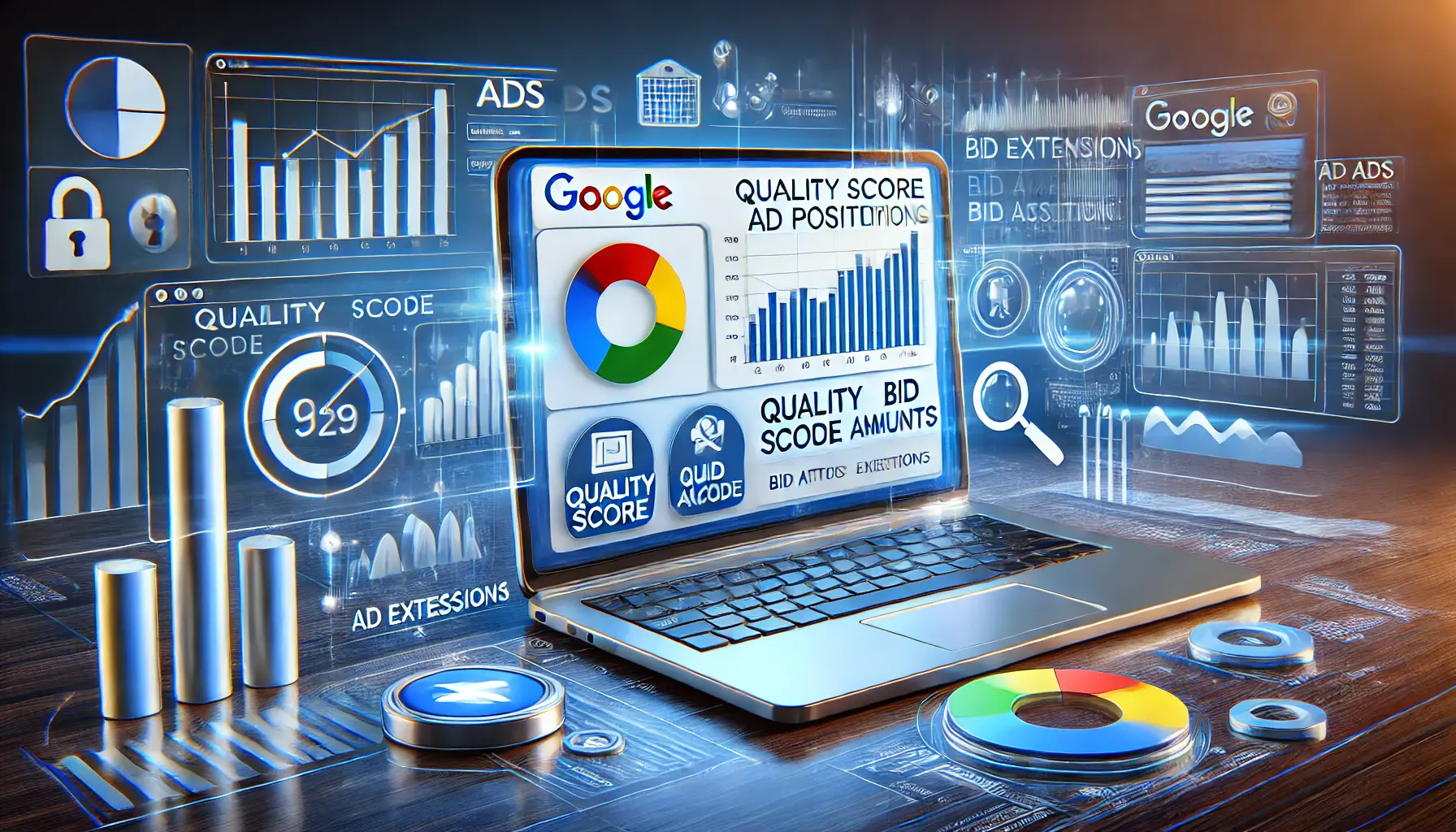 A laptop screen showing Google Ads metrics and analytics with icons symbolizing ad positioning factors such as quality score, bid amounts, and ad extensions.