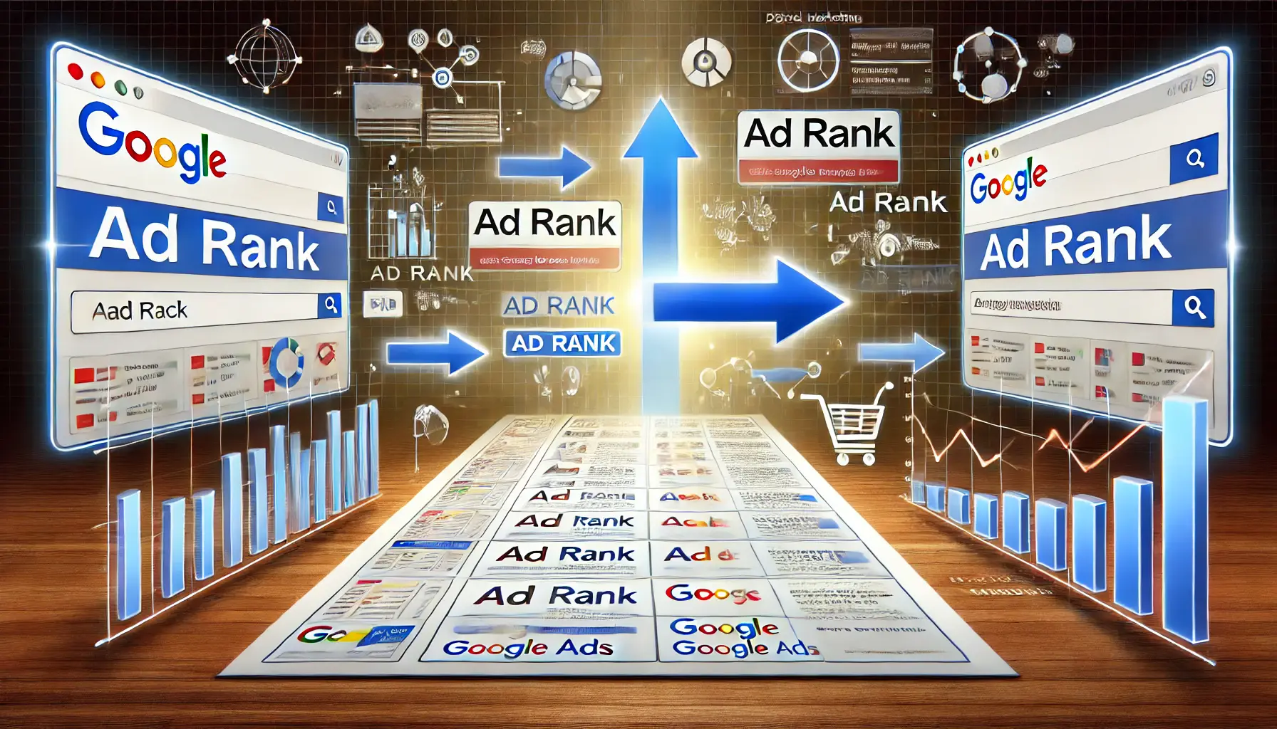 A realistic illustration depicting the concept of Ad Rank and its impact on Google Ads, featuring a search engine results page (SERP) with ads displayed at different positions to show varying Ad Ranks.