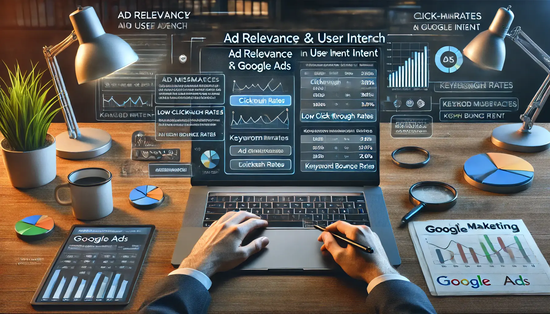 A digital marketing workspace where a professional is analyzing Google Ads performance, with charts showing low engagement due to irrelevant keywords and misaligned user intent.