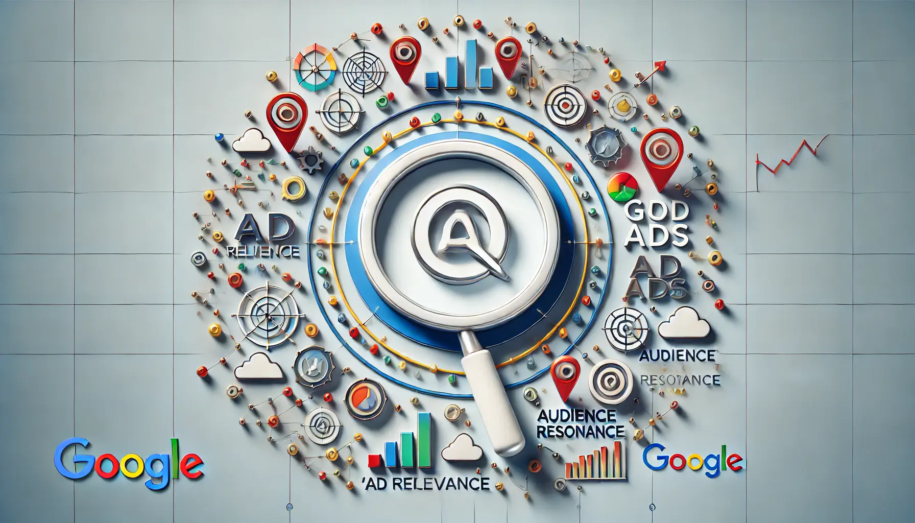 Conceptual image illustrating ad relevance in Google Ads with icons representing targeting and engagement.