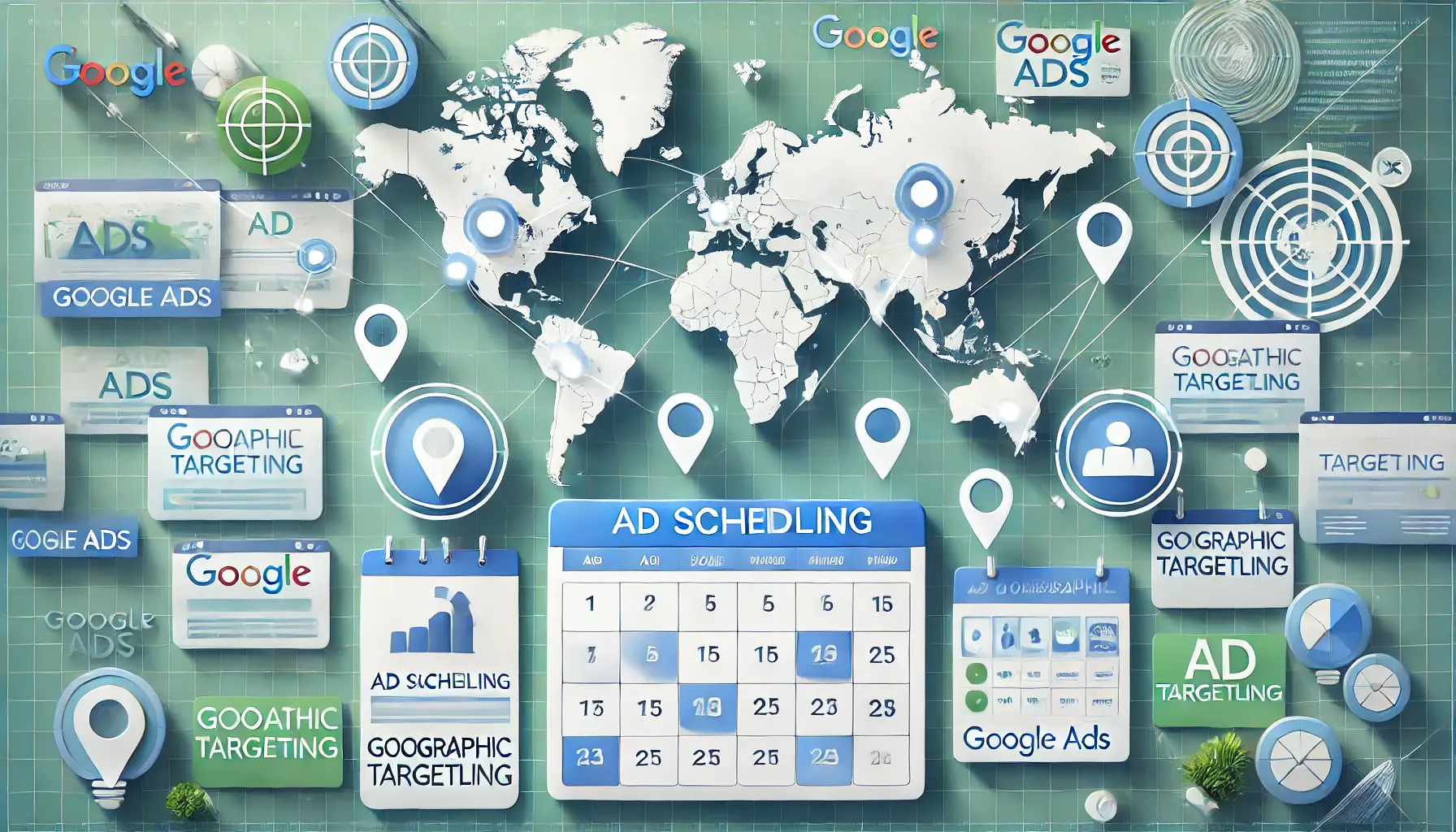 A visual representation of geographic targeting with a world map and ad scheduling with a calendar showing time slots.