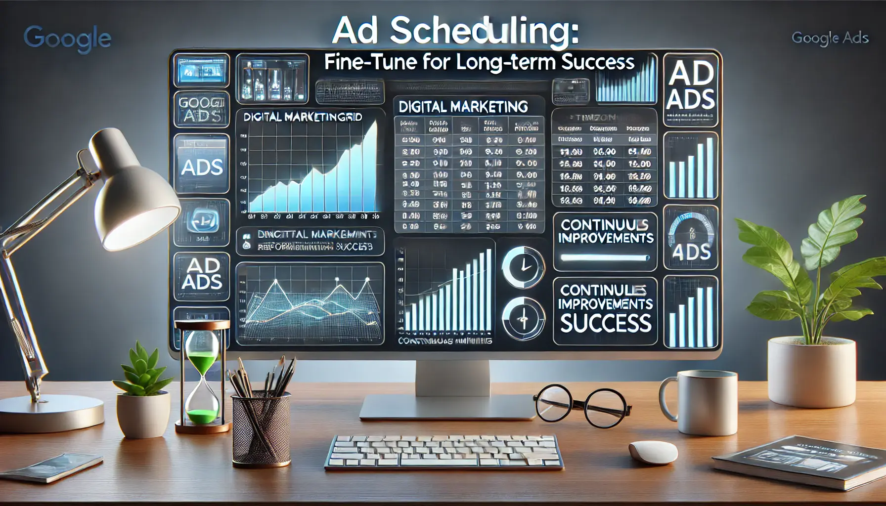 A digital marketing dashboard displaying scheduling grids, performance metrics, and optimization tools for refining ad scheduling over time.