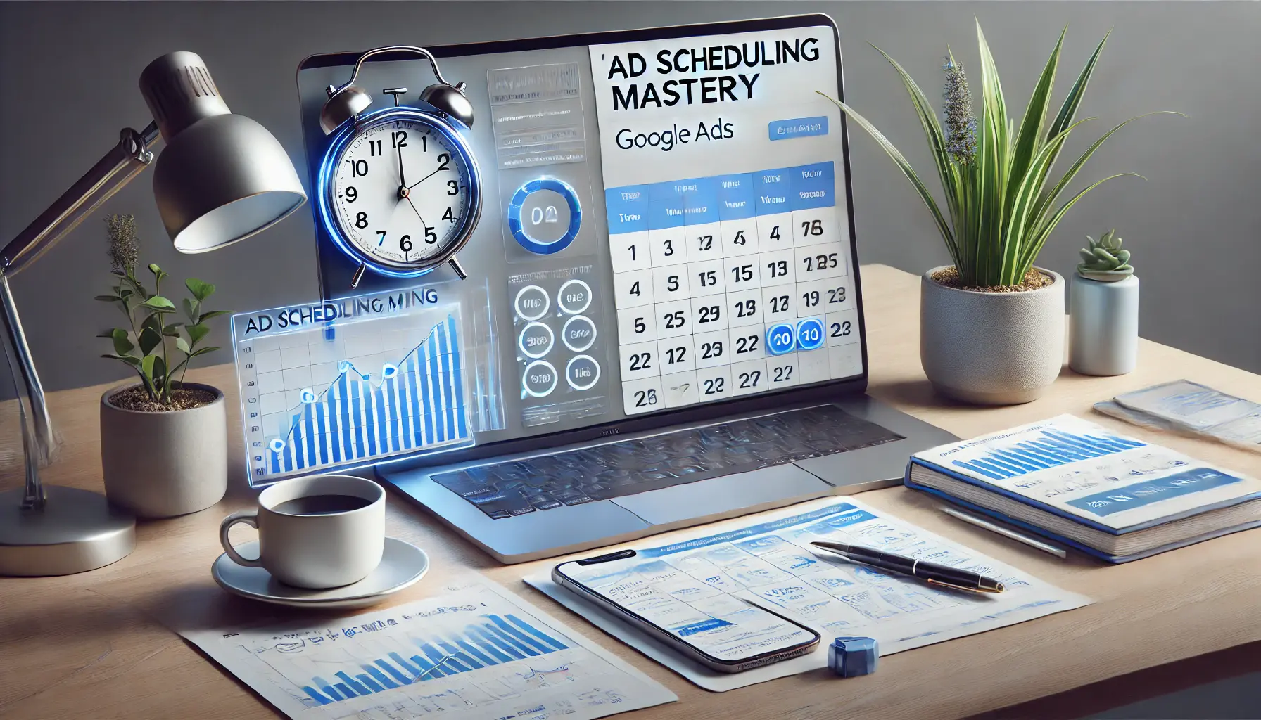 A digital clock and scheduling grids on a computer screen with marketing ads being scheduled, representing digital marketing and ad scheduling in Google Ads.