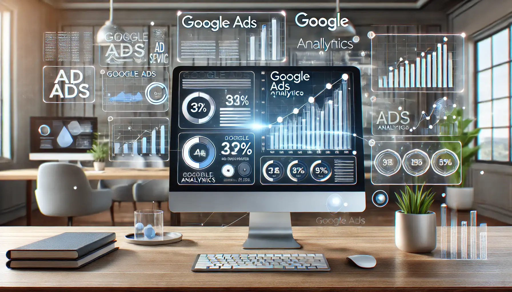 A digital marketing scene showcasing Google Ads analytics with ad campaigns, graphs, and performance metrics on a computer screen in a modern workspace.