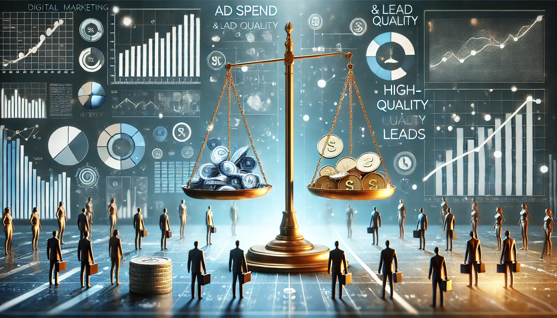 A digital marketing scene illustrating the balance between ad spend and lead quality, with a scale showing money on one side and figures representing quality leads on the other.