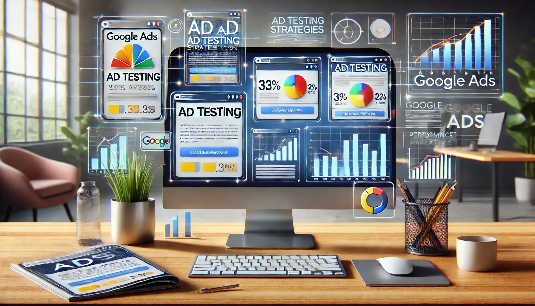 A computer screen displaying various ad mockups and performance analytics in a modern office environment.