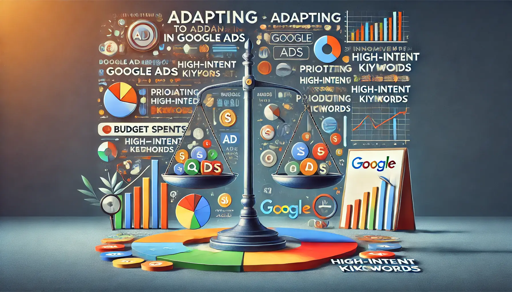 A creative digital marketing illustration depicting adapting to budget constraints, featuring a balanced scale and cost charts.