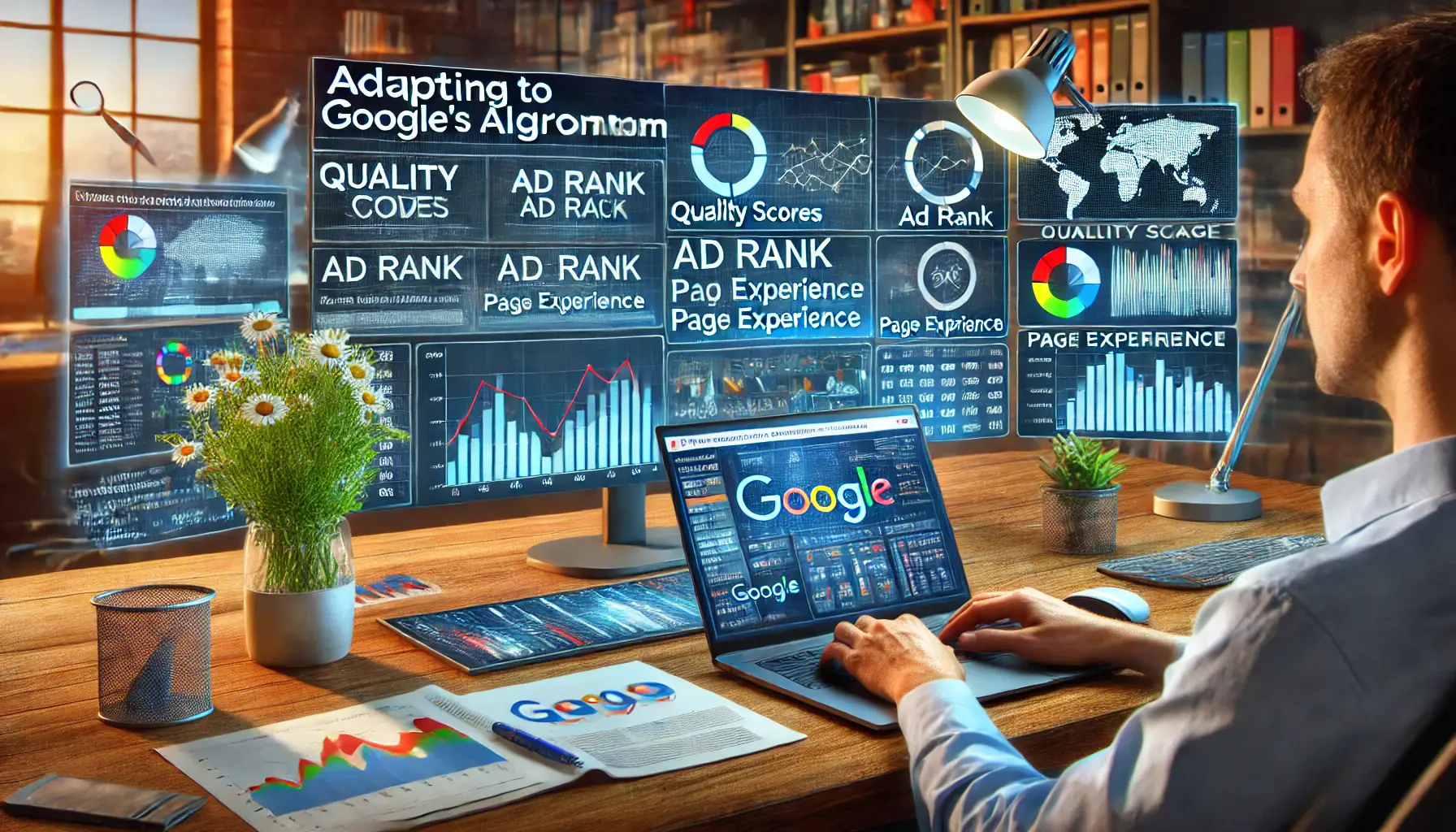 A digital marketing workspace where a professional is analyzing ad performance metrics like quality scores, ad rank, and page experience on a laptop, with additional screens showing real-time updates on Google's algorithm changes.