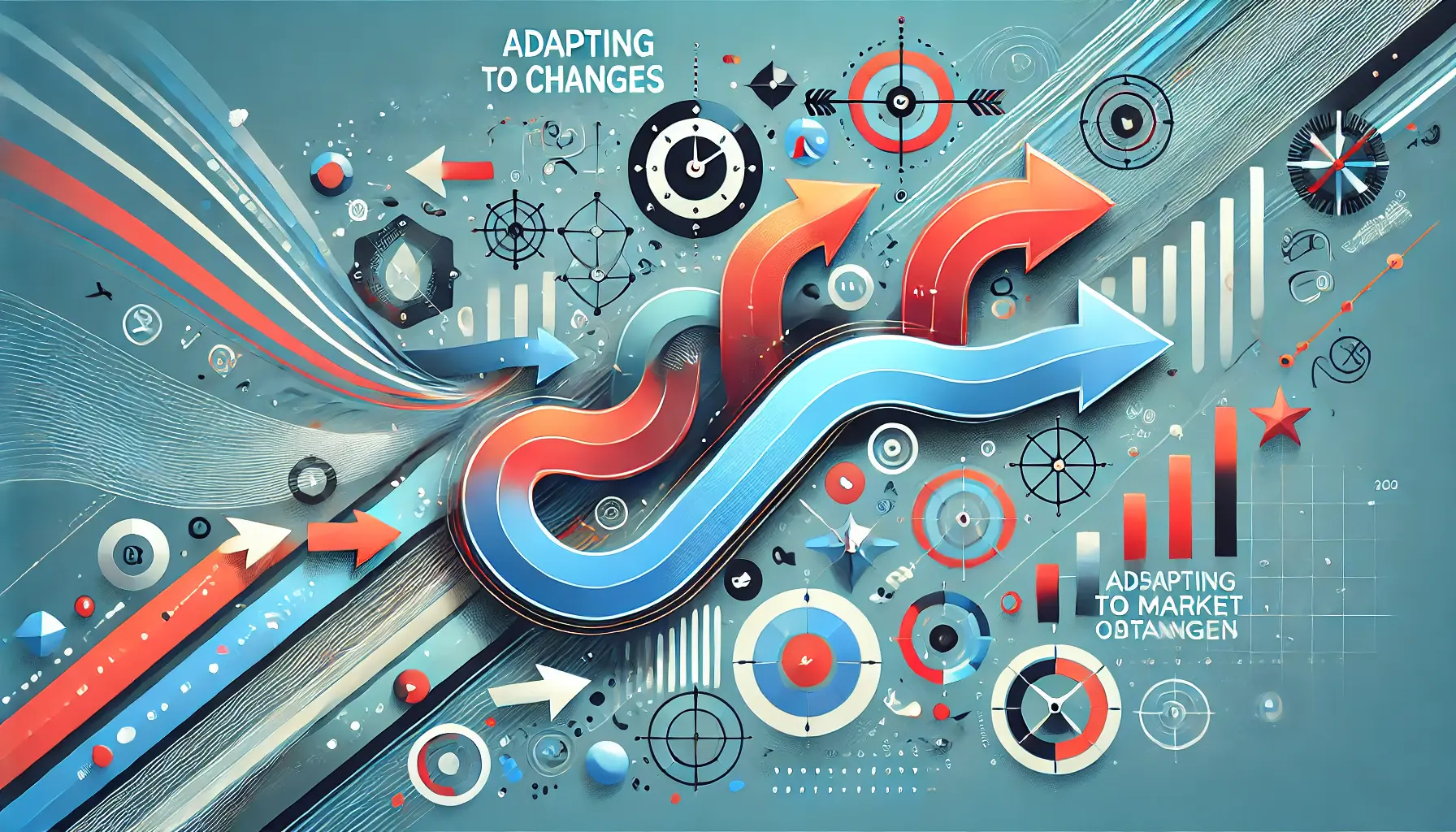 Abstract image symbolizing flexibility and adaptation to market changes with visuals of arrows changing direction, fluid shapes, and dynamic graphs.