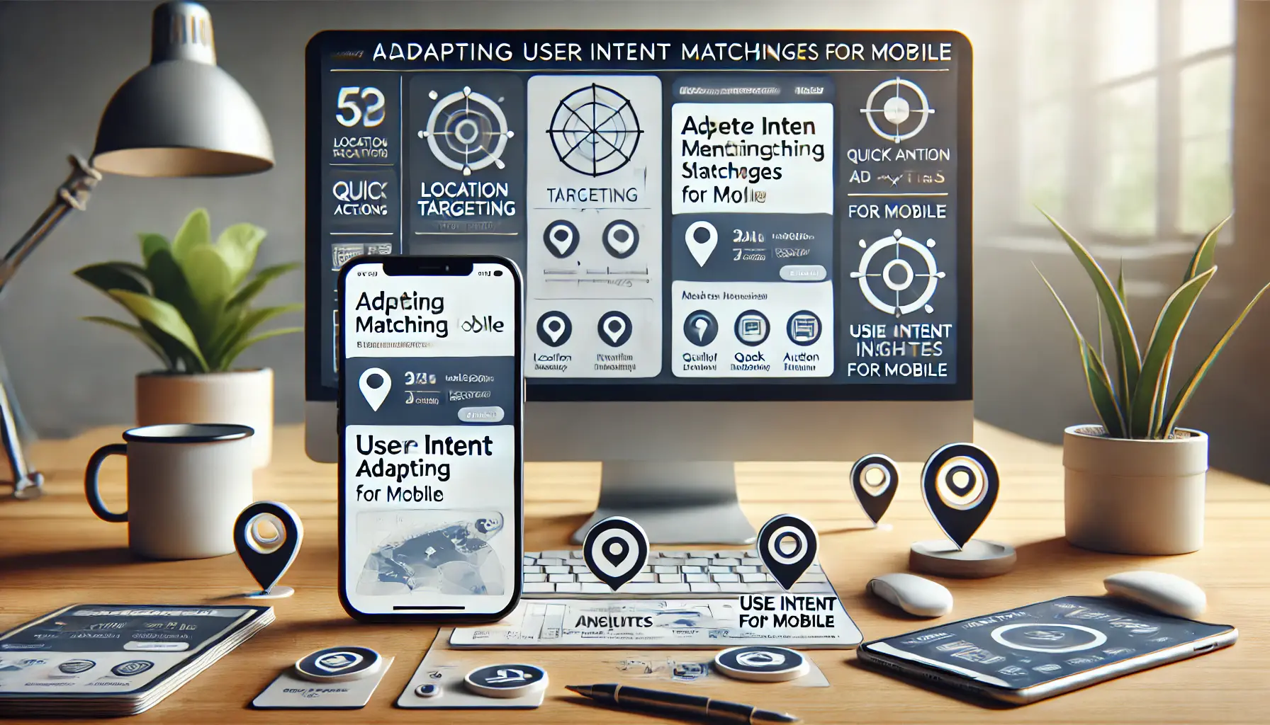 Workspace with both a computer and smartphone displaying digital ad interface focused on mobile-friendly targeting and quick action options.