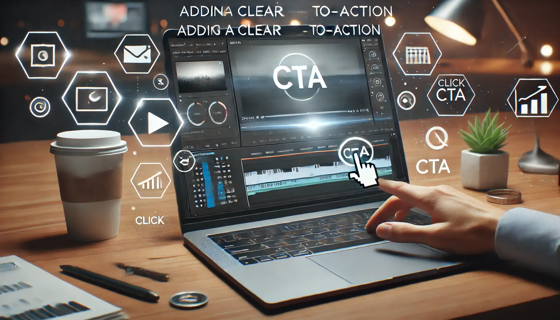 Workspace with a laptop displaying a video editing interface and a highlighted CTA button, surrounded by icons representing engagement and conversion.