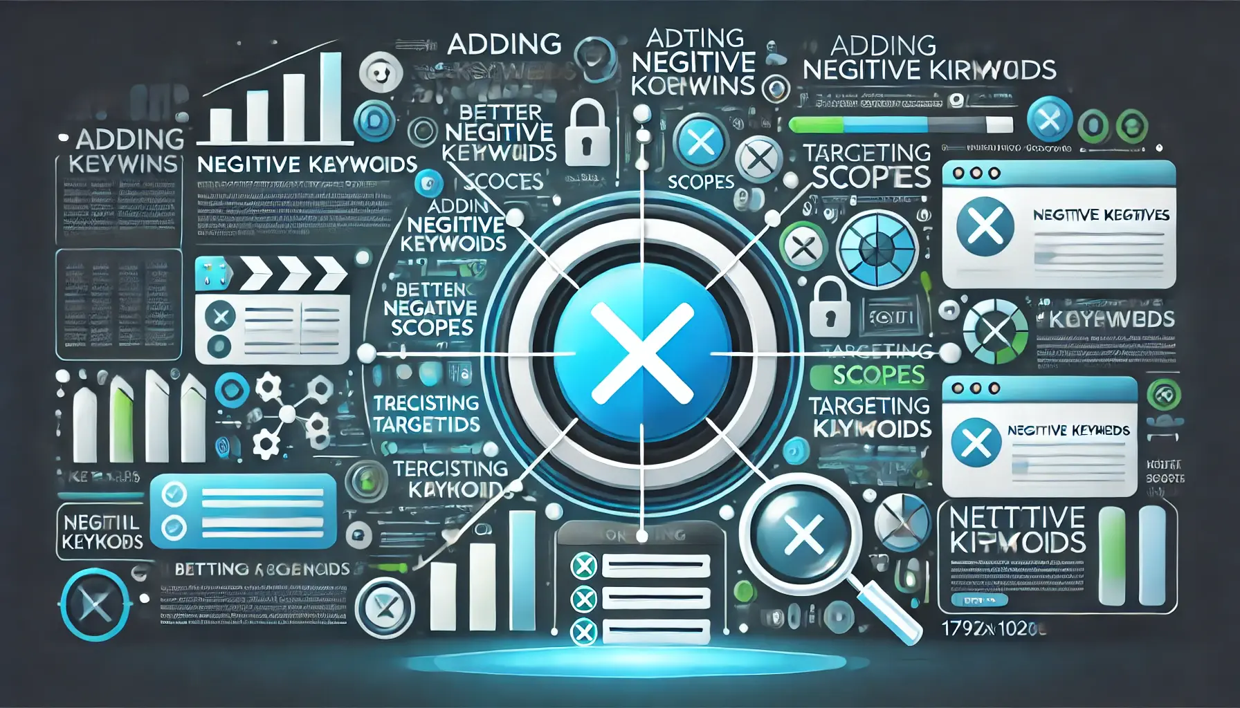 Visual representation of adding negative keywords for targeting with crossed-out symbols and targeting scopes