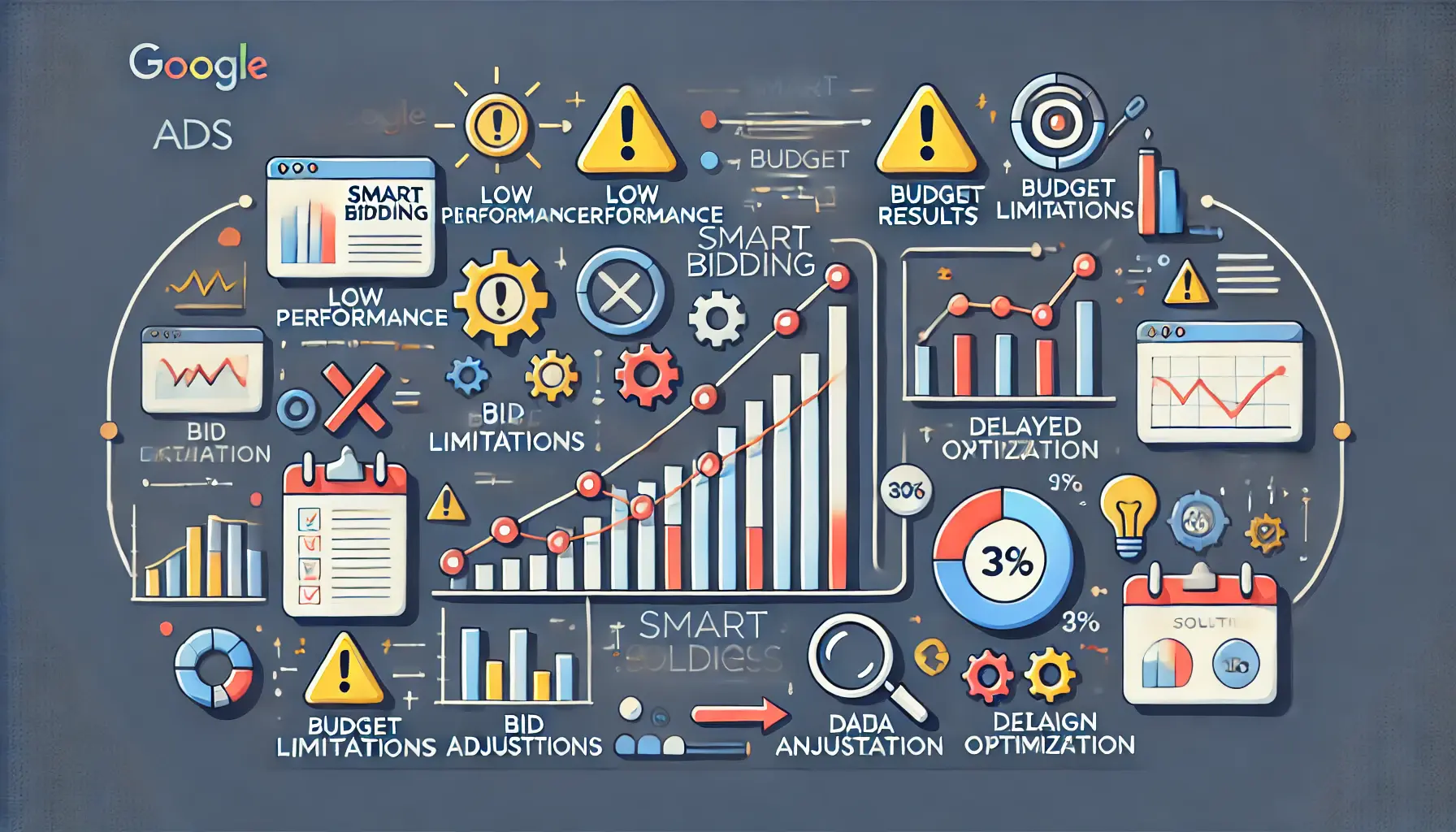 Illustration of addressing common challenges in Smart Bidding strategies, showing warning icons for issues and solutions like bid adjustments and data analysis.