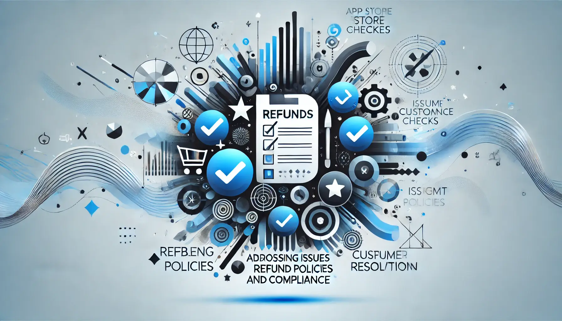 Abstract representation of addressing issues with refund policies and compliance, featuring symbols of refunds, problem-solving, and adherence to guidelines.