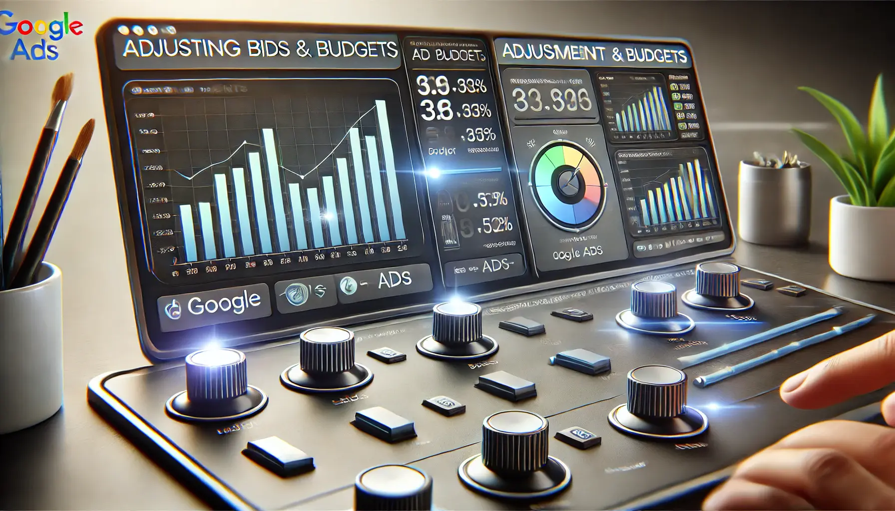 A Google Ads dashboard displaying sliders and dials symbolizing adjustments in bids and budgets, with charts showing changes in performance metrics and financial strategy.