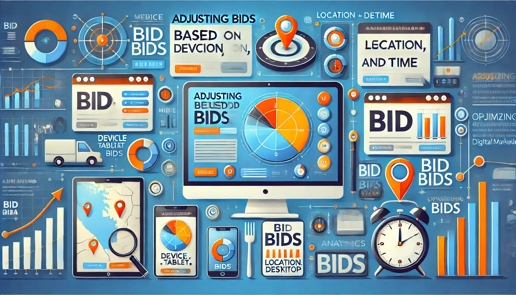 A visual representation of adjusting bids in digital marketing based on devices, location, and time.