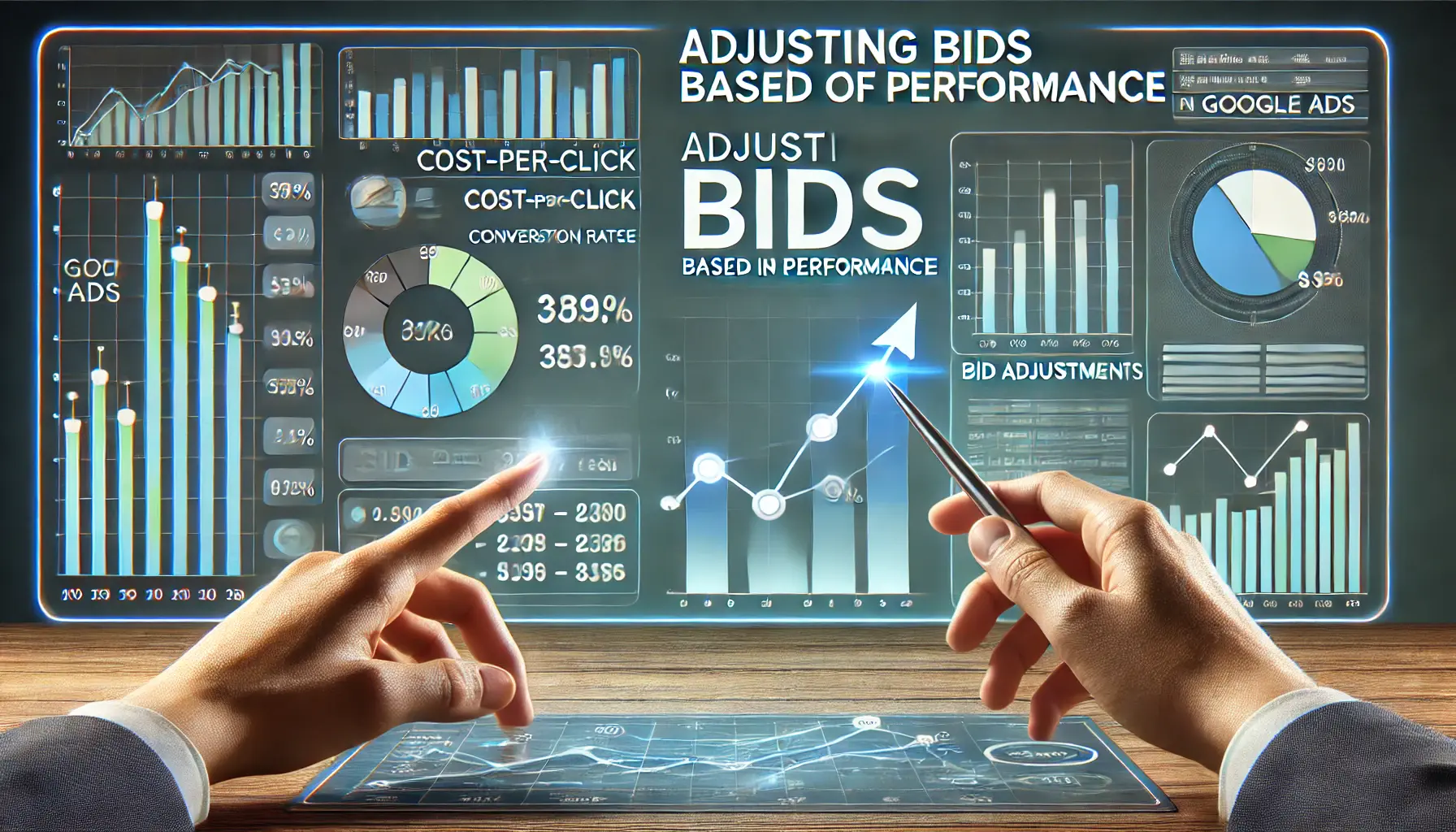 A professional image showing bid adjustments in Google Ads, with performance metrics, graphs, and indicators for cost-per-click and conversion rates.